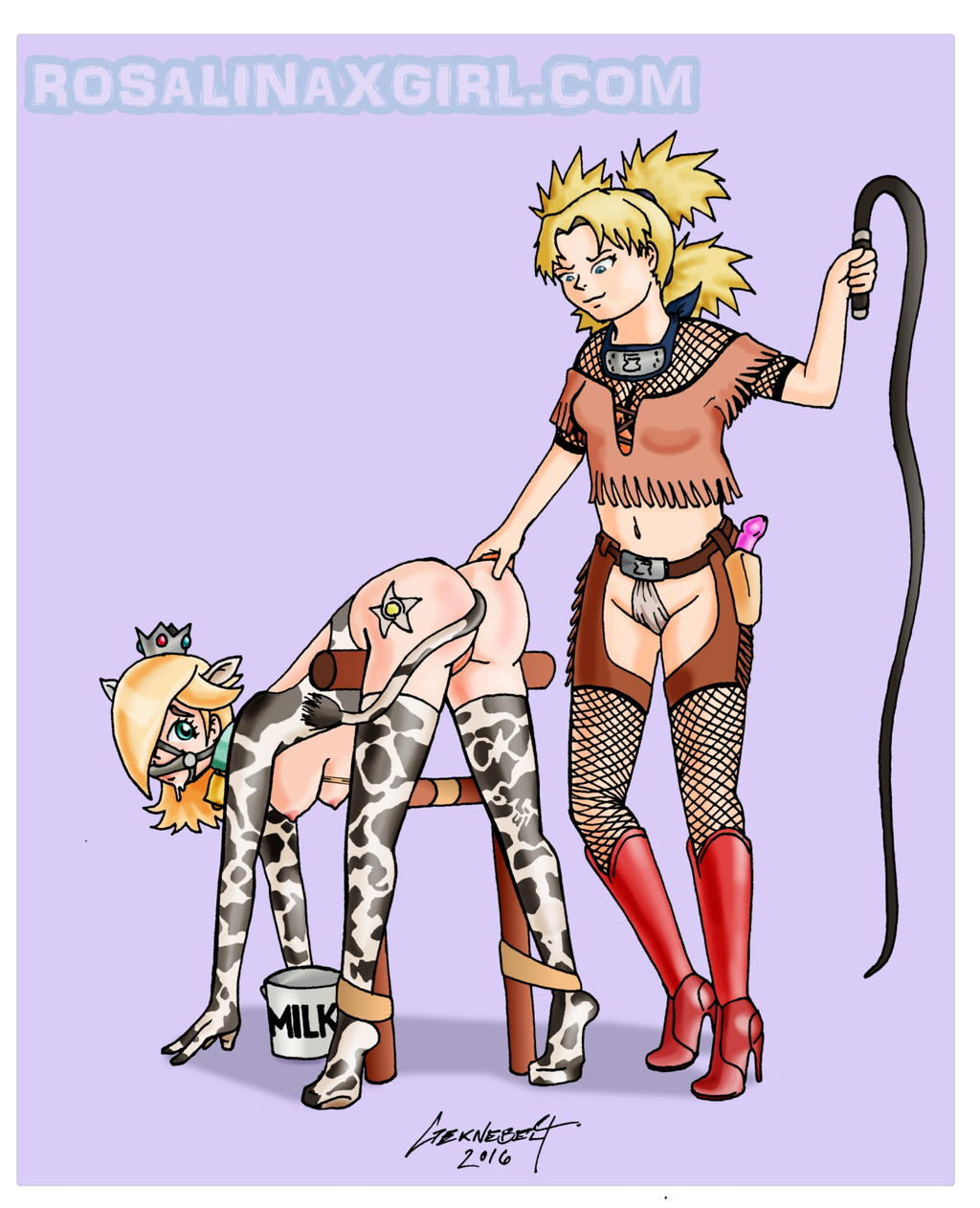 2016 2girls bell bell_collar bent_over bit_gag blonde_hair blue_eyes breasts brown_shirt bucket chaps collar cow_ears cow_print cow_tail cowbell crossover crown dildo dominatrix femdom femsub fishnet_shirt fishnets gag gagged geknebelt green_eyes hair_over_one_eye hand_on_ass harness_bit_gag headband high_heel_boots high_heels holding_whip holster legs_tied long_hair mario_(series) medium_breasts midriff multiple_girls naruto navel nintendo nipples pink_dildo princess_rosalina red_high_heel_boots red_high_heels shirt slave tattoo_on_butt temari thighhighs whip