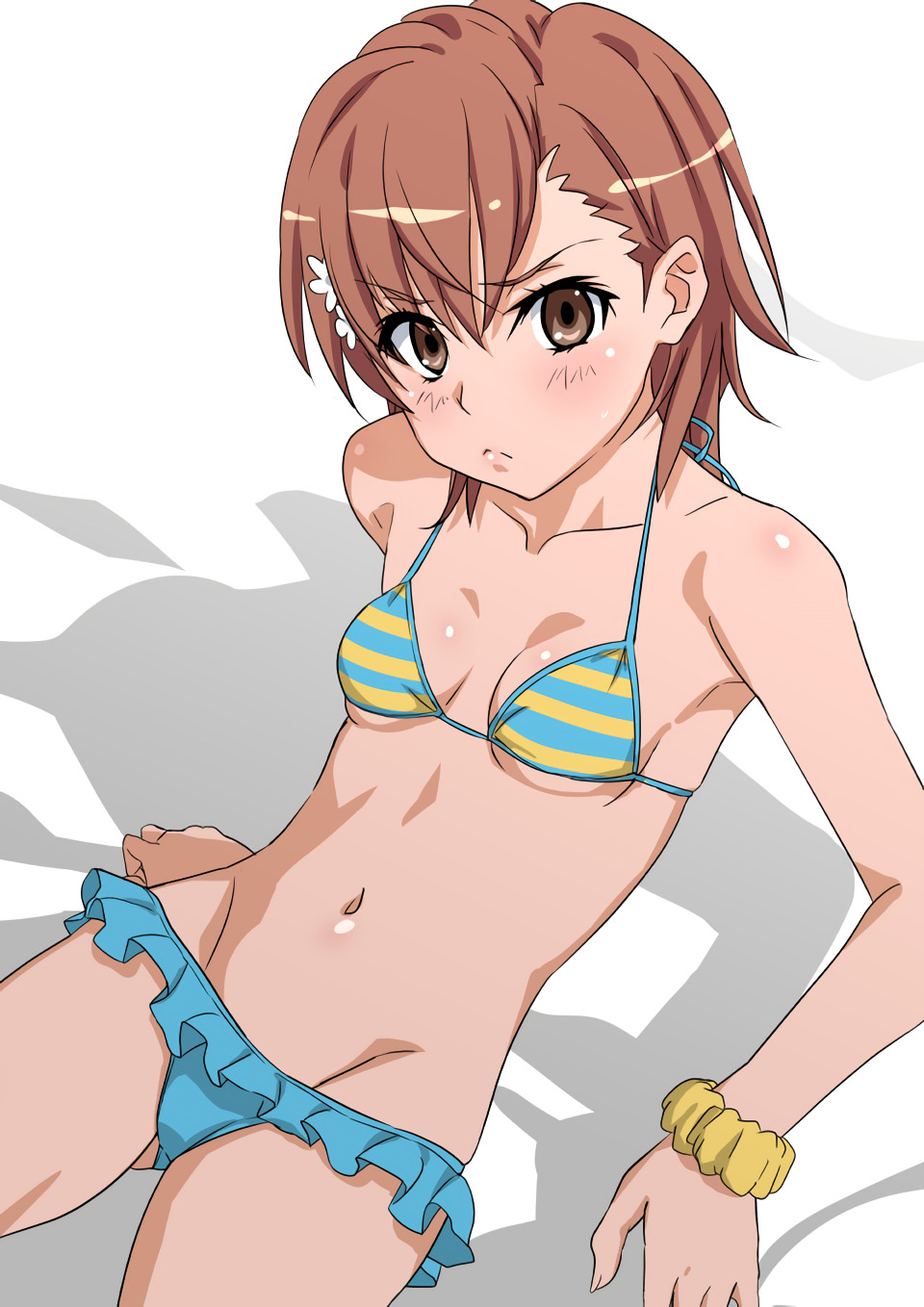 1girls 2020s 2021 :< bare_shoulders bare_thighs bikini blue_bikini blush breasts brown_eyes brown_hair brunette collarbone female frilled_bikini frown fujikawa_daichi hair_flower hair_ornament hips looking_at_viewer matching_hair/eyes midriff misaka_mikoto multicolored_bikini navel official_alternate_costume shadow short_hair sitting small_breasts solo swimsuit teenage_girl teenager thighs to_aru_kagaku_no_railgun to_aru_majutsu_no_index white_background young