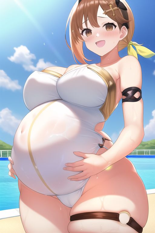 ai generated, armband, atelier (series), atelier ryza, big breasts, breasts, brown eyes, brown hair, female, female only, hair ribbon, hairclip, hand on belly, hand on stomach, hands on belly, holding belly, looking at viewer, low-angle view, nai diffusion, one-piece swimsuit, open mouth, pool, pregnant, reisalin stout, ryo (pixiv), smile, solo, stable diffusion, swimsuit, thick thighs, thigh strap, wet, wet clothes, wet skin, white swimsuit, wide hips