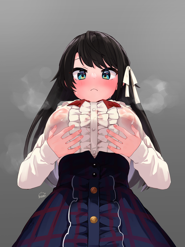 1girls, alternate costume, alternate version at source, aqua eyes, areola, areolae, big breasts, black hair, blush, breasts, breasts visible through clothing, closed mouth, clothed, female, female only, festa11307070, frilled shirt, hair accessory, hair ribbons, hololive, hololive gen 2, hololive japan, large breasts, light skin, light-skinned female, long hair, nipples, no bra, oozora subaru, plaid skirt, see-through, see-through clothing, shirt, simple background, skirt, solo, solo female, sweaty breasts, tagme, virtual youtuber, wet clothes, wet shirt