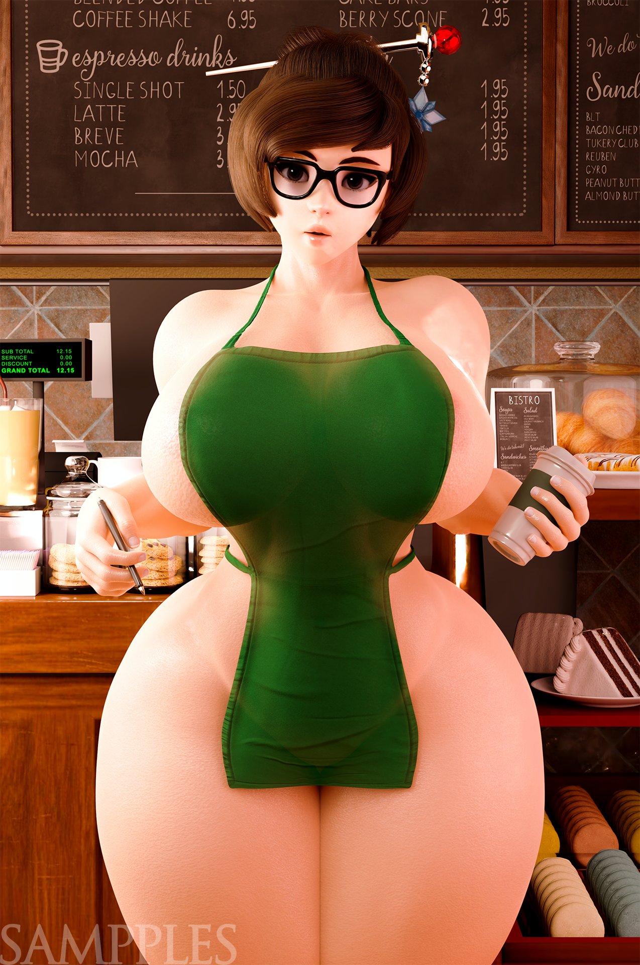 1girls 3d apron apron_only big_breasts big_thighs blizzard_entertainment breasts busty chubby curvy female female_only glasses huge_breasts huge_thighs iced_latte_with_breast_milk large_breasts large_thighs massive_thighs mei_(overwatch) meme naked_apron overwatch sampples starbucks thick_thighs thighs wide_hips wide_thighs