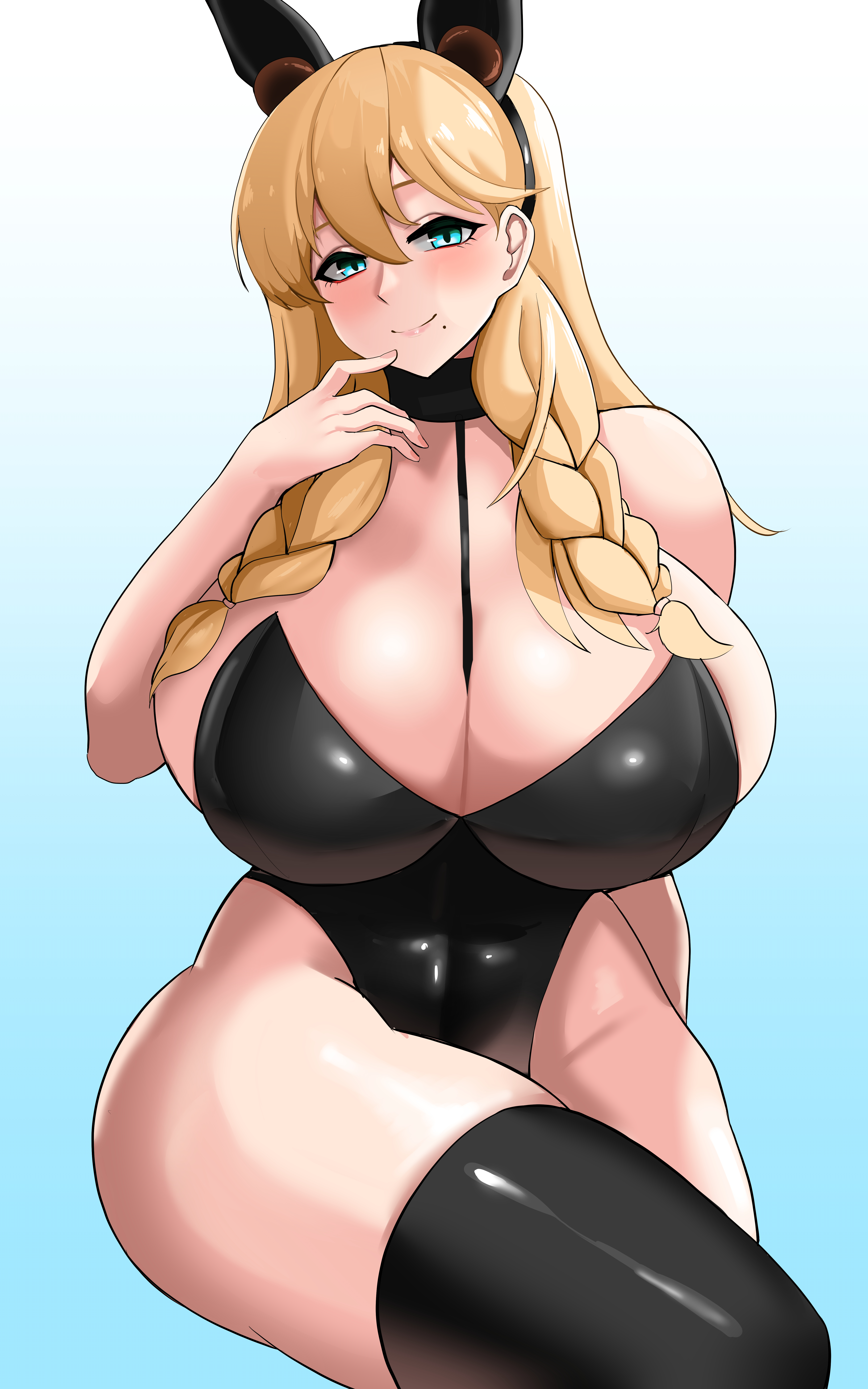 1girls, absurd res, absurdres, big breasts, black bunnysuit, black thighhighs, blonde hair, blue eyes, blush, braided hair, breasts, bunny ears, bunnysuit, cleavage, clothing, fake animal ears, female, female only, frigga (last origin), hair, high resolution, highres, huge breasts, large breasts, last origin, legwear, light skin, light-skinned female, mature, mature female, milf, mole, mole under mouth, neckwear, nimji g, smile, solo, thick thighs, thighhighs, thighs