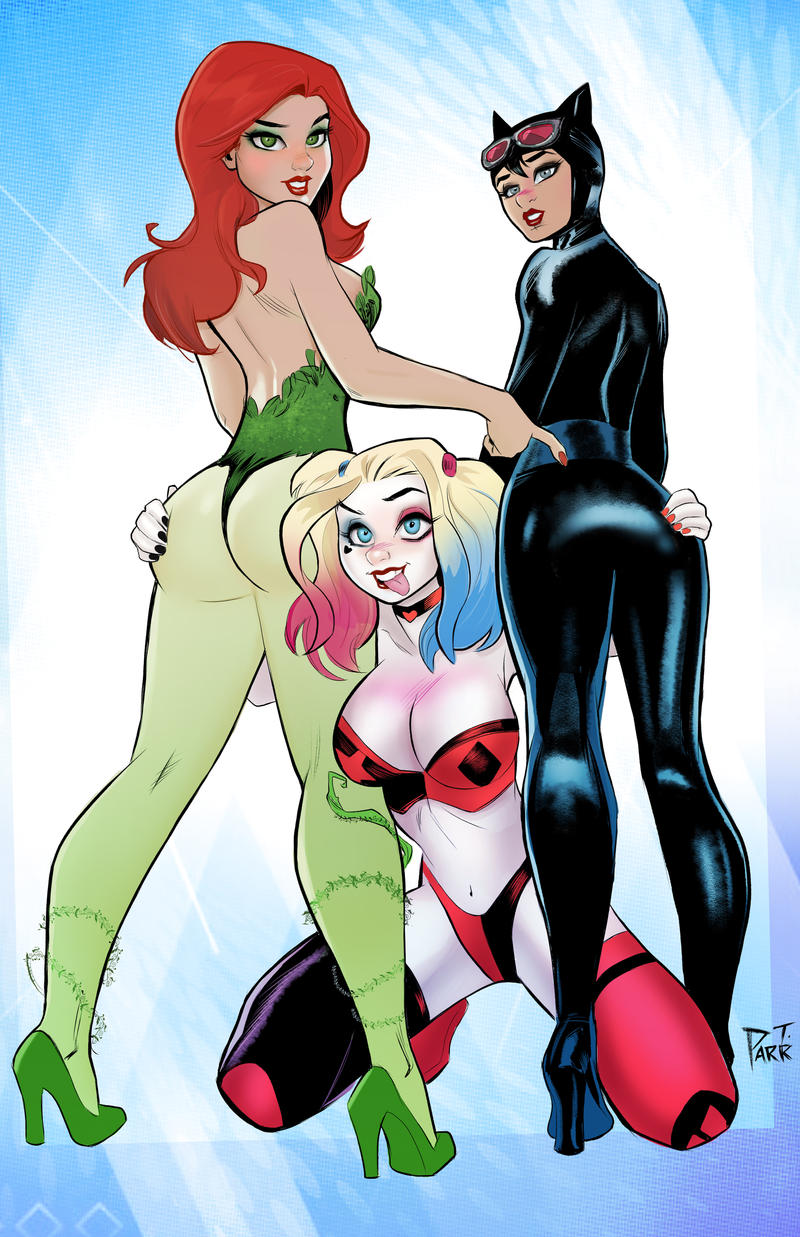 3girls artist_request ass ass_grab batman_(series) big_breasts bodysuit brown_hair catwoman cleavage darth_terry darthterry dc dc_comics dyed_hair female female_only gotham_city_sirens harley_quinn high_heels light-skinned_female looking_at_viewer multiple_girls pale-skinned_female poison_ivy red_hair smile supervillain villain white-skinned_female white_skin