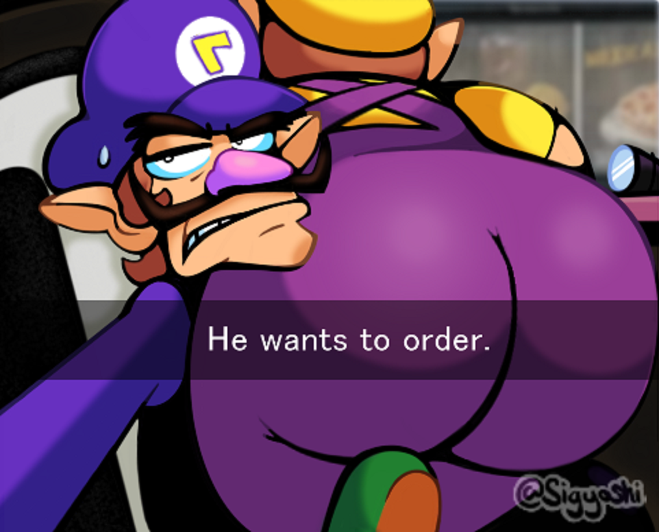 2022 2boys artist_name ass ass_focus big_ass bubble_butt english_text fat_ass he_wants_to_order huge_ass looking_at_viewer male male_only mario_(series) meme multiple_boys nintendo sigyoshi solo_male text waluigi wario