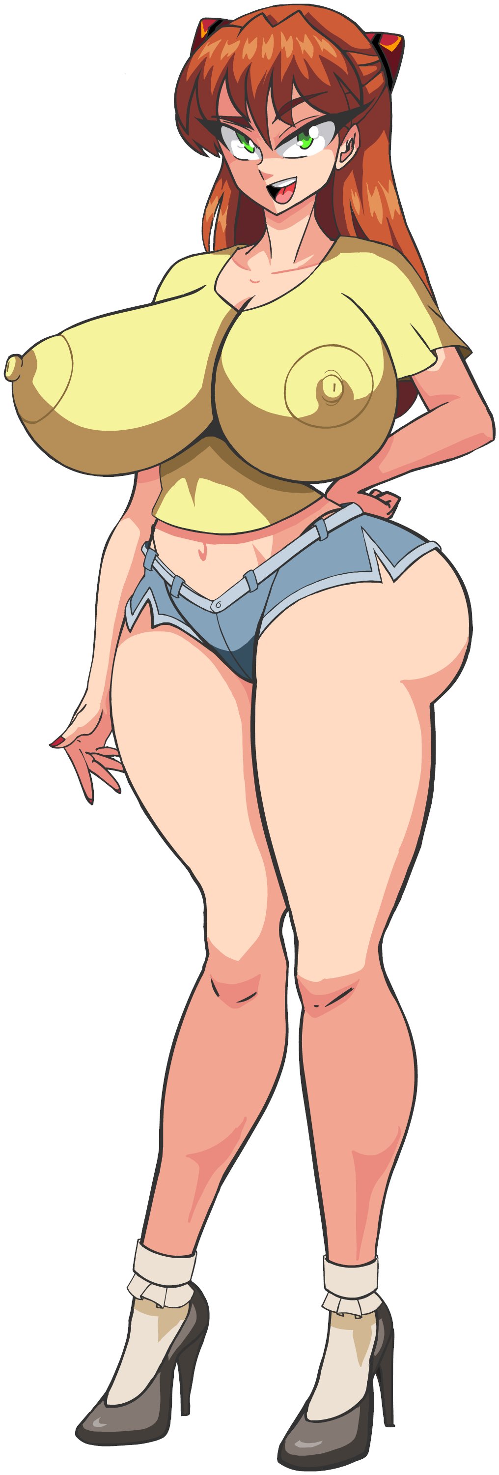 alcione asuka_langley_sohryu big_ass big_breasts breasts female green_eyes micro_shorts mini_short neon_genesis_evangelion nipples open_mouth shorts tagme thick_thighs