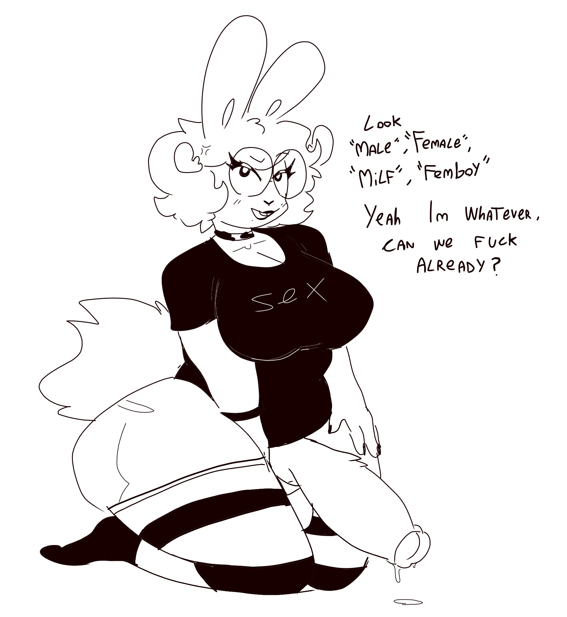 1futa, anthro, ass, big ass, big breasts, big cock, bottomless, breasts, choker, clothed, clothing, dialogue, english text, errorplush, female, furry, futa only, futanari, glasses, horns, huge breasts, huge cock, intersex, kneeling, milf, monochrome, original character, penis, rabbit ears, rabbit humanoid, short hair, solo, stockings, text, thick thighs, wide hips