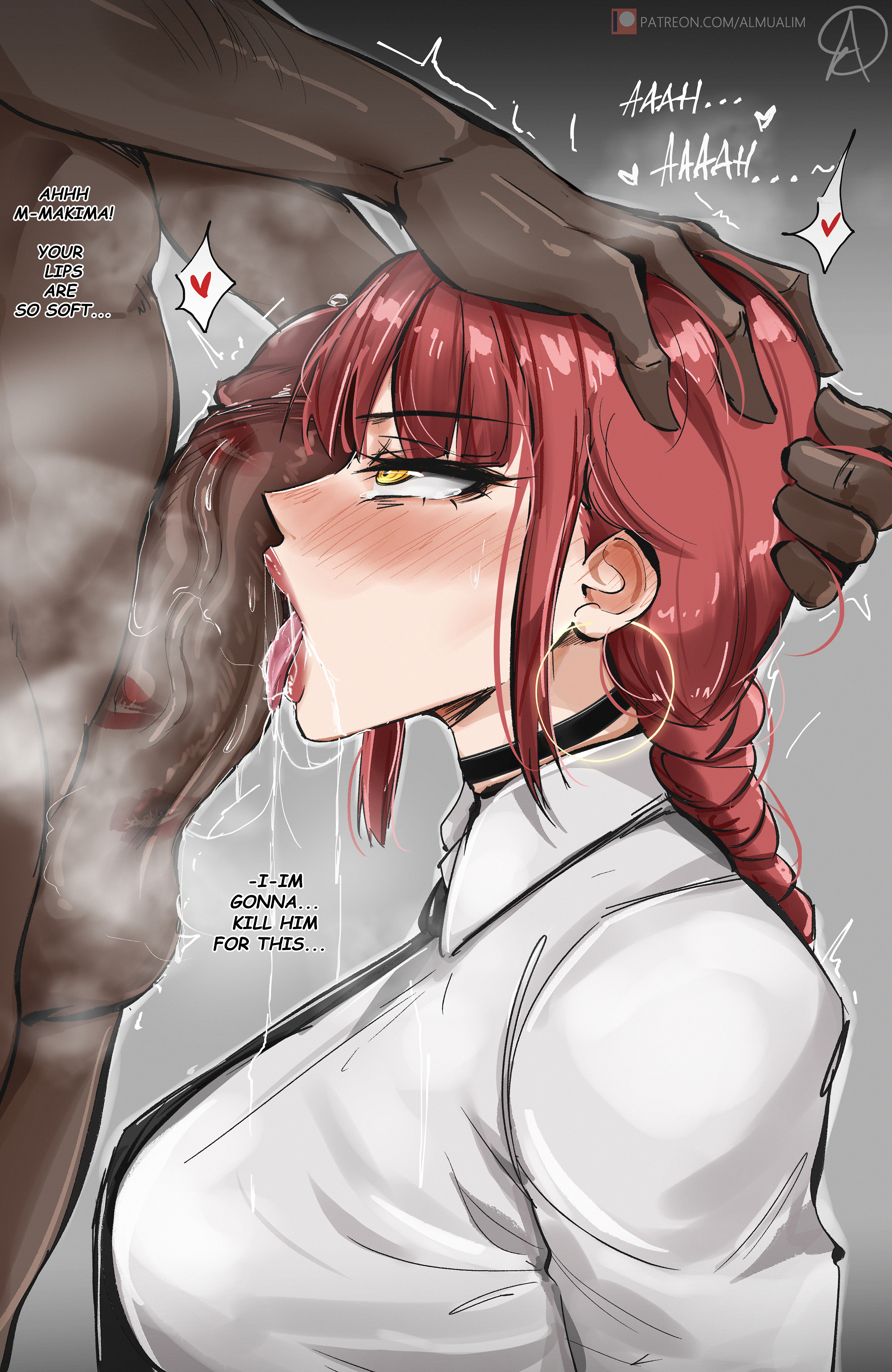 1boy, 1girls, almualim, big penis, braided hair, breasts, censored penis, chainsaw man, choker, clothed female nude male, dark skin, dark-skinned male, earrings, english text, fellatio, female, hand on head, heavy breathing, interracial, licking, licking penis, lipstick, lipstick mark, lipstick on penis, long hair, makima (chainsaw man), male, oral, penis, red hair, red lipstick, rolling eyes, saliva, saliva trail, sideboob, text, uncensored, unseen male face, visible breath, yellow eyes