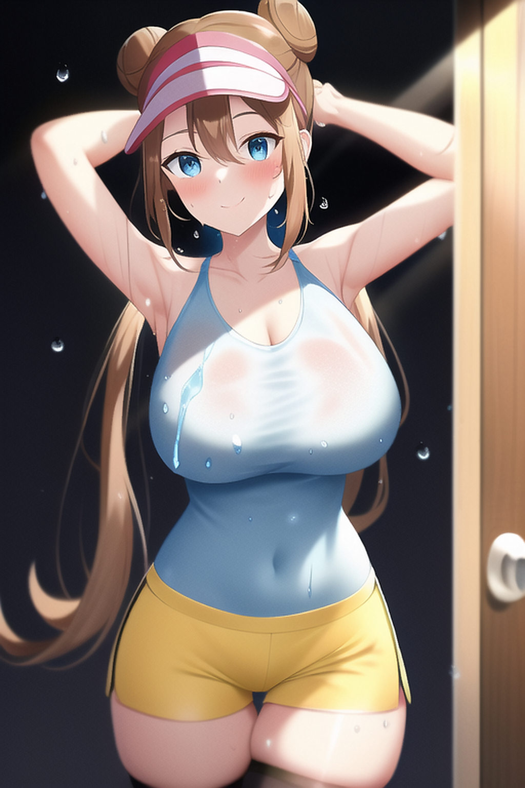 1girls ai_generated armpit_fetish armpits arms_behind_head arms_up blue_eyes blush booty_shorts breasts brown_hair female female_only game_freak hat hips large_breasts light-skinned_female light_skin long_hair looking_at_viewer nai_diffusion nintendo pokemon pokemon_bw2 rosa_(pokemon) short_shorts shorts slim_waist smile sport_shorts sportswear stable_diffusion sweat sweaty_body tank_top thick_thighs thighs twin_buns twintails voluptuous wide_hips