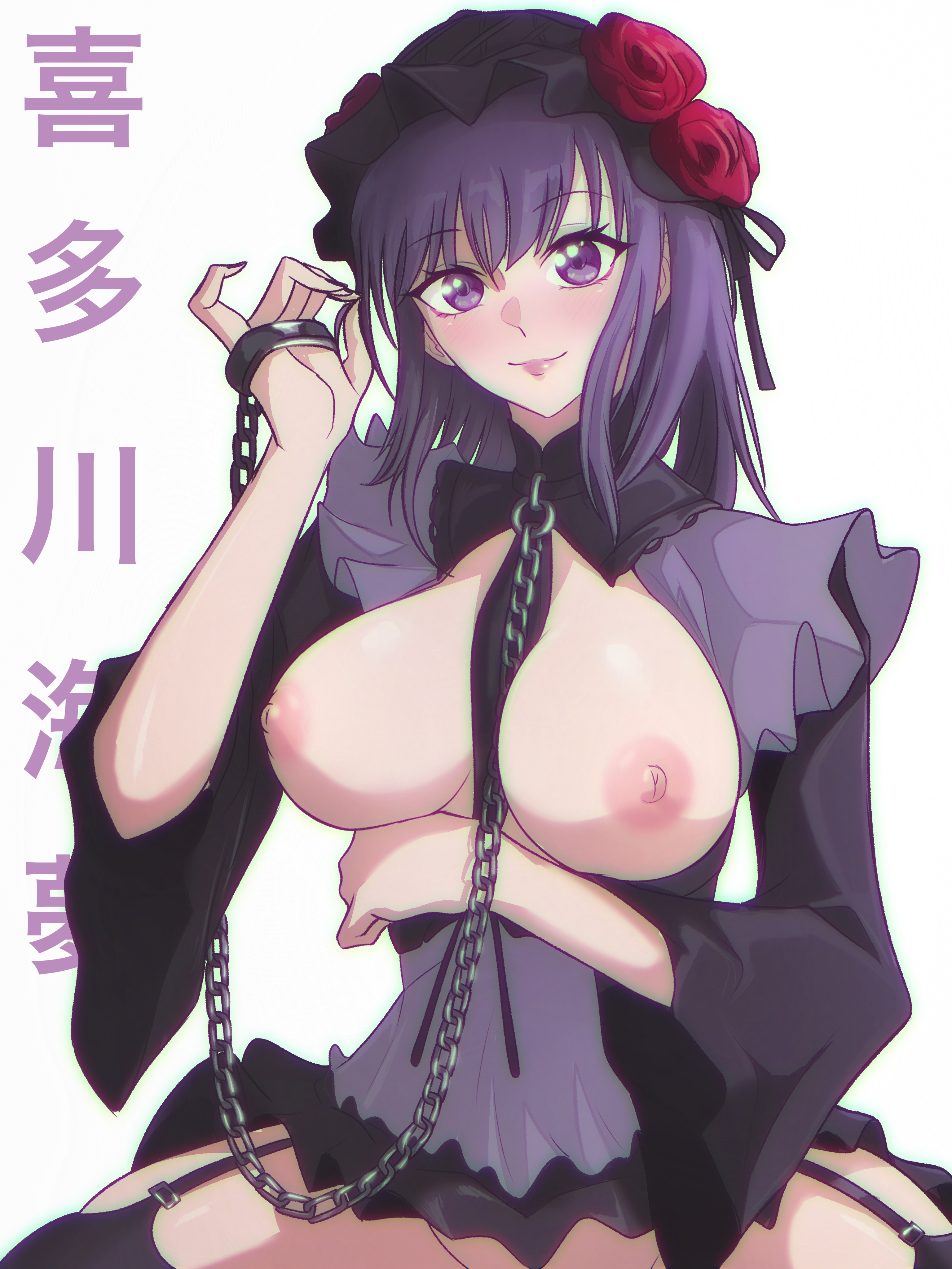 absurd res, breast hold, breasts, dark purple hair, female, female only, gothic lolita, gyaru, hair ornament, kitagawa marin, kuroe shizuku (cosplay), light purple eyes, lolita fashion, nipples, nude, nude female, opalisart, open shirt, simple background, sono bisque doll wa koi wo suru, white background