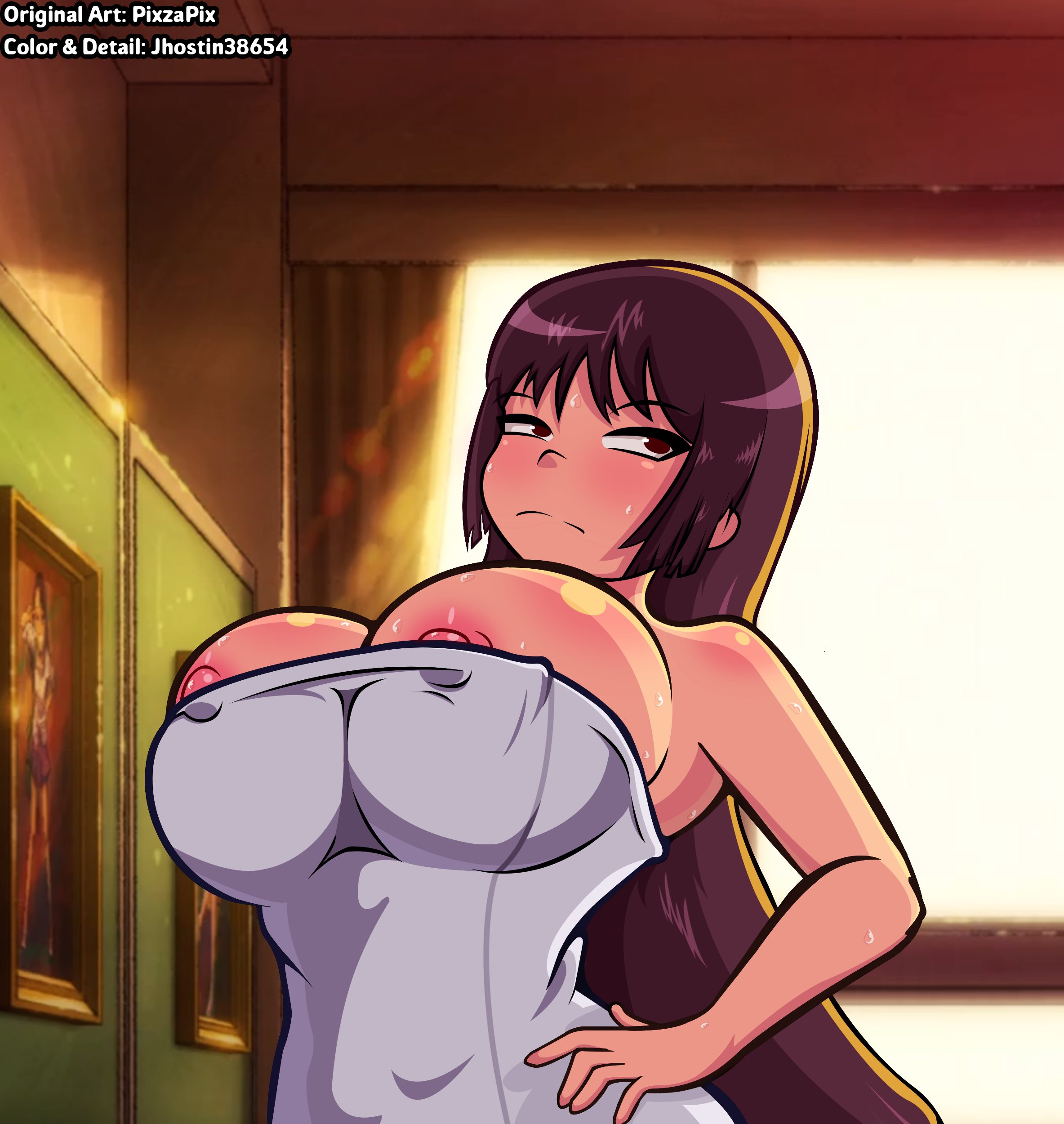 1girls, ass, big breasts, breasts, colored, female, female only, hand on hip, huge ass, jhostin38654, light skin, long hair, looking at another, nipple bulge, nipples, pixzapix, please don't bully me, nagatoro, president (nagatoro), red eyes, sana sunomiya, shiny skin, solo, sweat, sweatdrop, towel, upper body, voluptuous