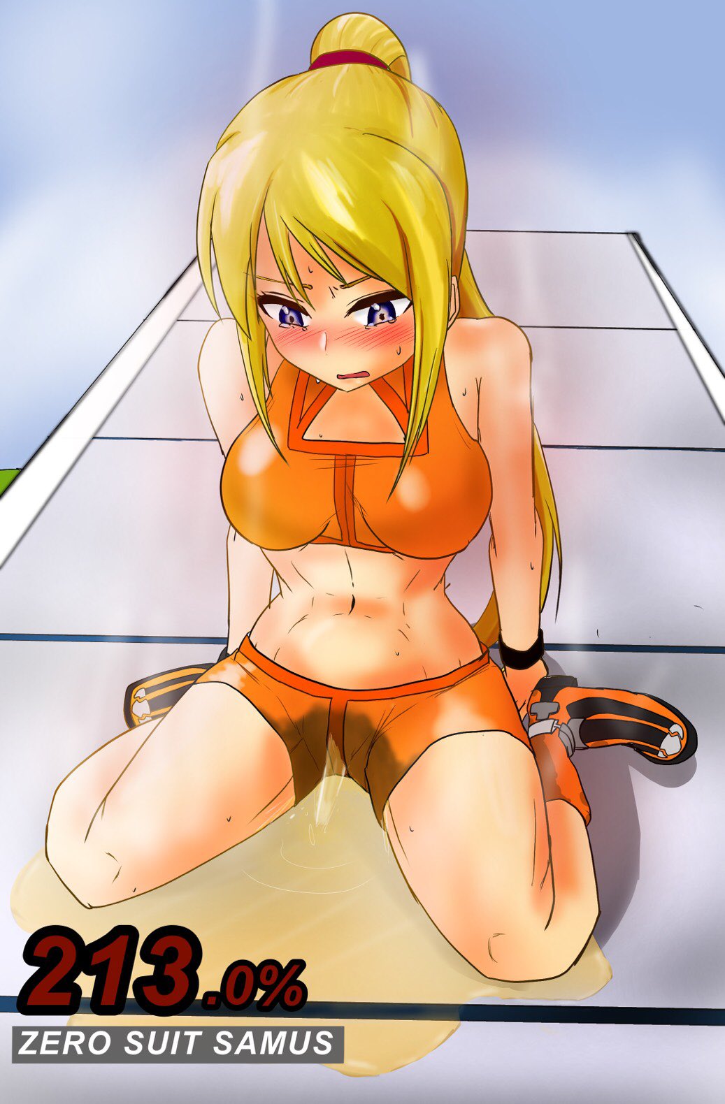 belly button, bike shorts, blush, casual outfit (metroid), female, megarodonomo, metroid, omorashi, on floor, on ground, pee stain, peeing, peeing self, percentage, samus aran, shorts, super smash bros., tagme, urinating, urination, urine, urine pool, wet clothes, wet spot, wetting, wetting self