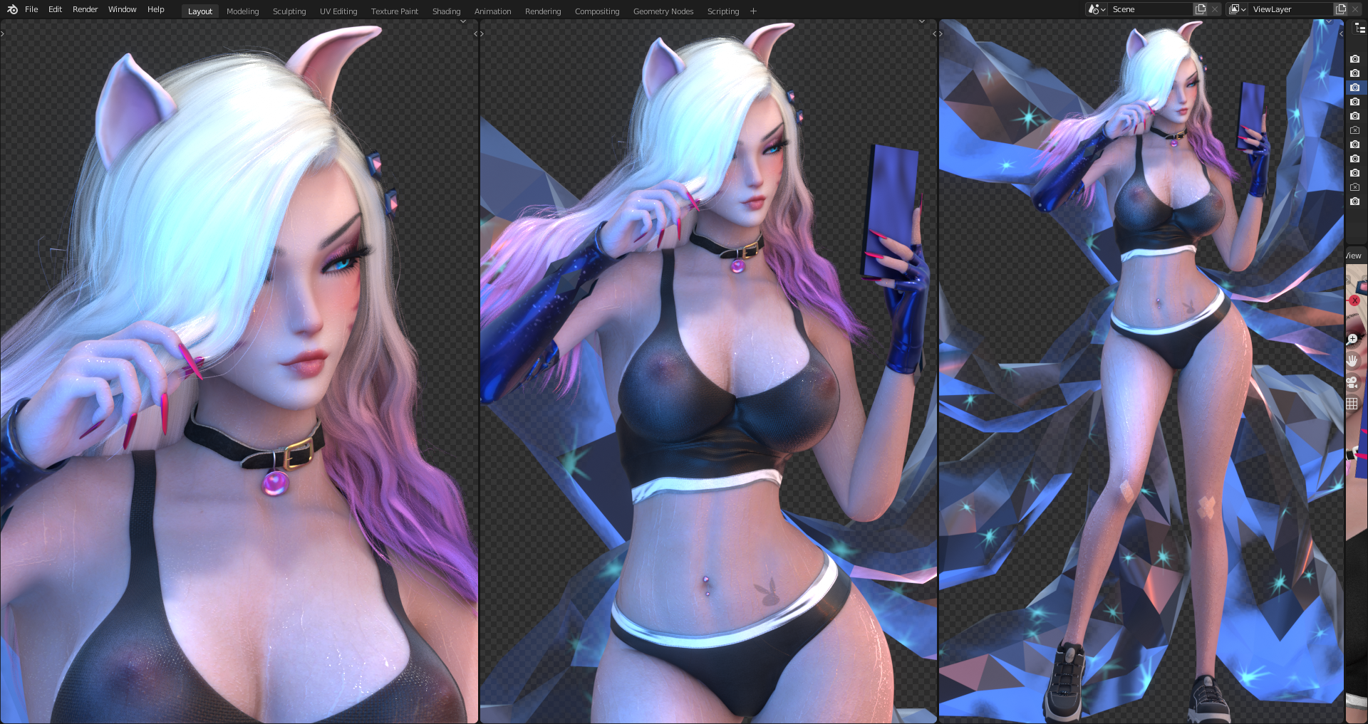 1girls, 3d, ahri, animal ears, athletic, athletic female, big breasts, blender, blender (software), blonde hair, blue eyes, breasts, cellphone, choker, female, female only, fingerless gloves, gym uniform, k/da ahri, k/da series, kinkycat3d, kinkykatt3d, large breasts, league of legends, league of legends: wild rift, lipstick, long hair, nail polish, navel piercing, nipples, nipples visible through clothing, phone, see-through, see-through clothing, smartphone, standing, underwear, wip, work in progress, workout clothes