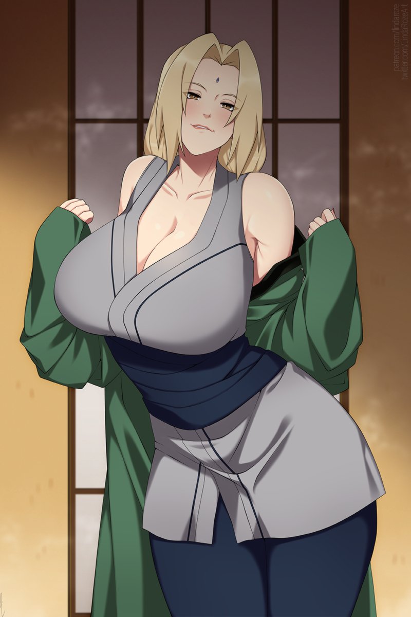 1girls, bare shoulders, bedroom eyes, big breasts, blonde hair, blush, boruto: naruto next generations, breasts, brown eyes, busty, cleavage, clothed, clothing, curvaceous, curvy, curvy female, curvy figure, female, female focus, female only, forehead jewel, forehead mark, fully clothed, hi res, highres, hourglass figure, huge breasts, inner sideboob, large breasts, lindaroze, lips, lipstick, looking at viewer, makeup, mature, mature female, milf, narrowed eyes, naruto, naruto (classic), naruto (series), naruto shippuden, naughty face, oppai, pink lips, pink lipstick, pinup, pose, posing, seductive, seductive eyes, seductive look, shounen jump, sleeveless shirt, solo, solo female, solo focus, standing, thick thighs, thighs, tied hair, tsunade, twintails, undressing, wide hips