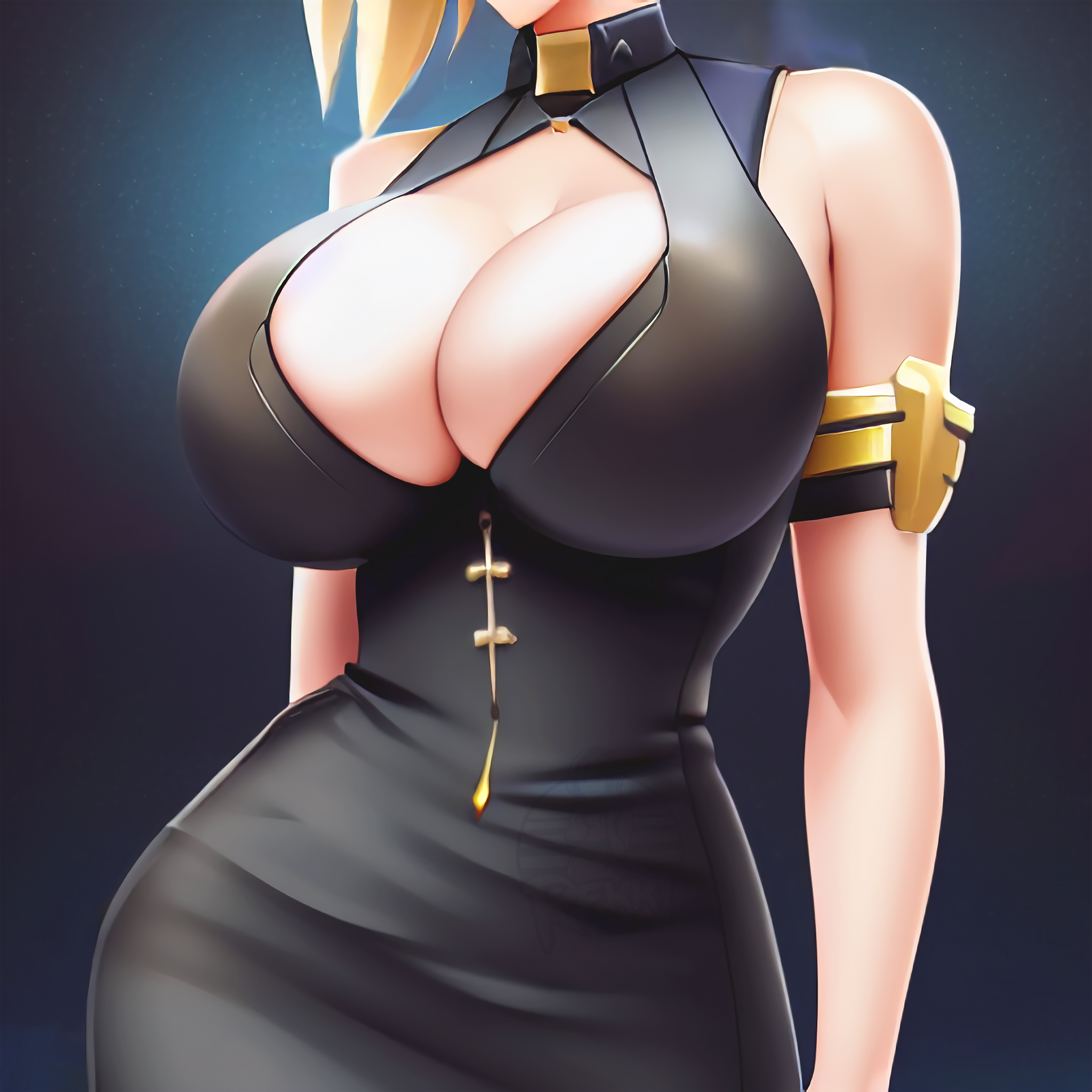 ai generated, big breasts, black dress, breasts, female, female only, huge breasts, mercy, overwatch, stable diffusion, tight clothing, voluptuous