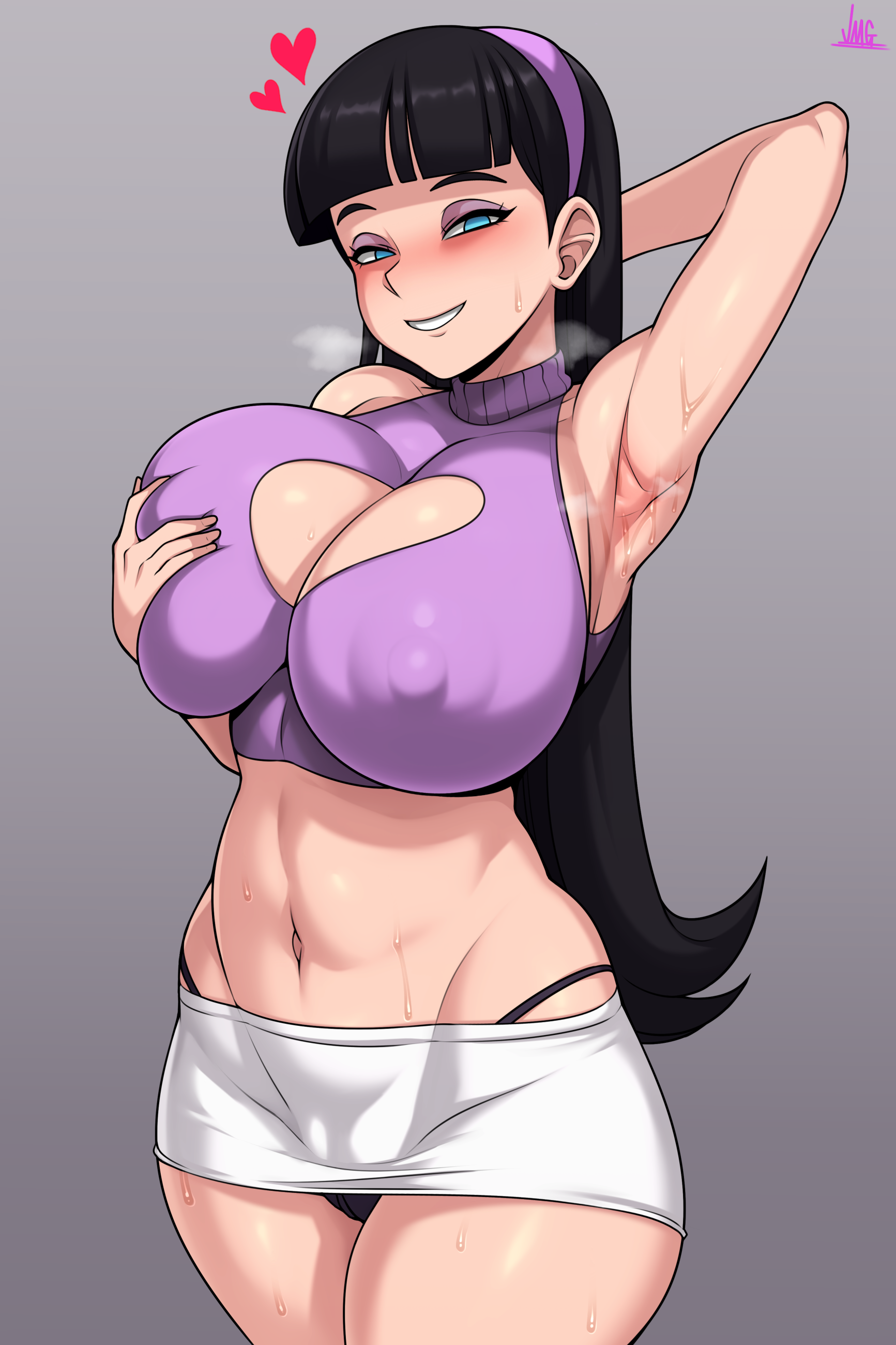 1girls, armpits, big breasts, blue eyes, blush, breasts, cleavage cutout, eye contact, eyeshadow, female, female focus, female only, grabbing own breast, half-closed eyes, halterneck, hearts, jmg, light skin, looking at viewer, miniskirt, nipple bulge, skirt, solo, standing, sweat, sweatdrop, the fairly oddparents, thick thighs, thighs, thong, trixie tang