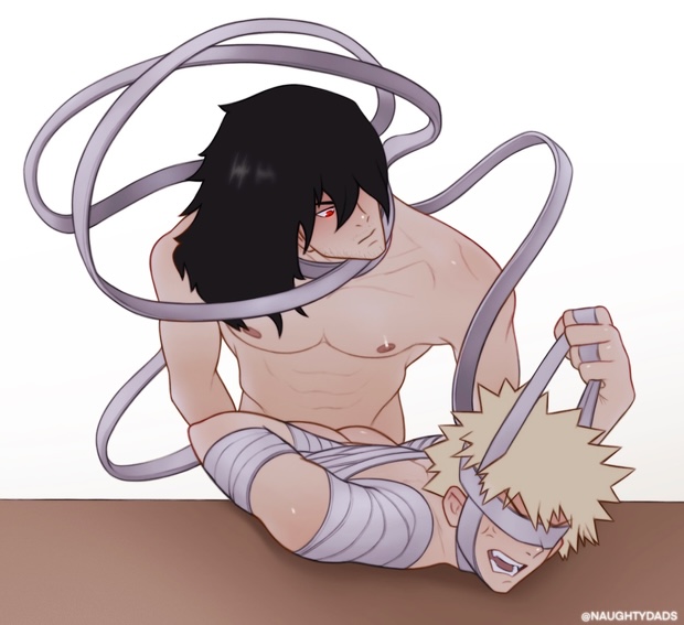2boys, age difference, aizawa shouta, anal sex, artist name, bakugou katsuki, black hair, blindfold, eraserhead, katsuki bakugou, male, male focus, male only, male penetrated, male/male, mature male, my hero academia, naughtydads, older male and younger male, older penetrating younger, questionable consent, restrained, shouta aizawa, submissive male, teacher and student, tied up, yaoi, younger male