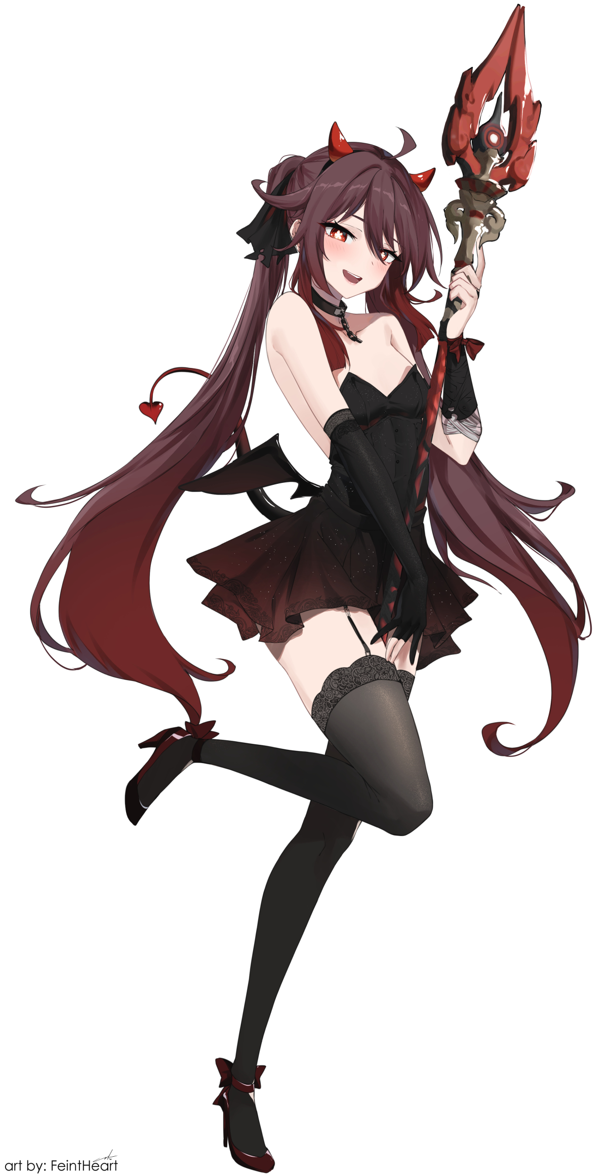 1girls, bare shoulders, black dress, black thighhighs, blush, breasts, brown hair, chain, chain collar, clothing, demon, demon girl, demon horns, demon tail, demon wings, dress, feintheart721, female, garter straps, genshin impact, gloves, halloween, halloween costume, hi res, high heels, hu tao (genshin impact), red eyes, small breasts, smile, succubus, thighhighs, thighs, twintails