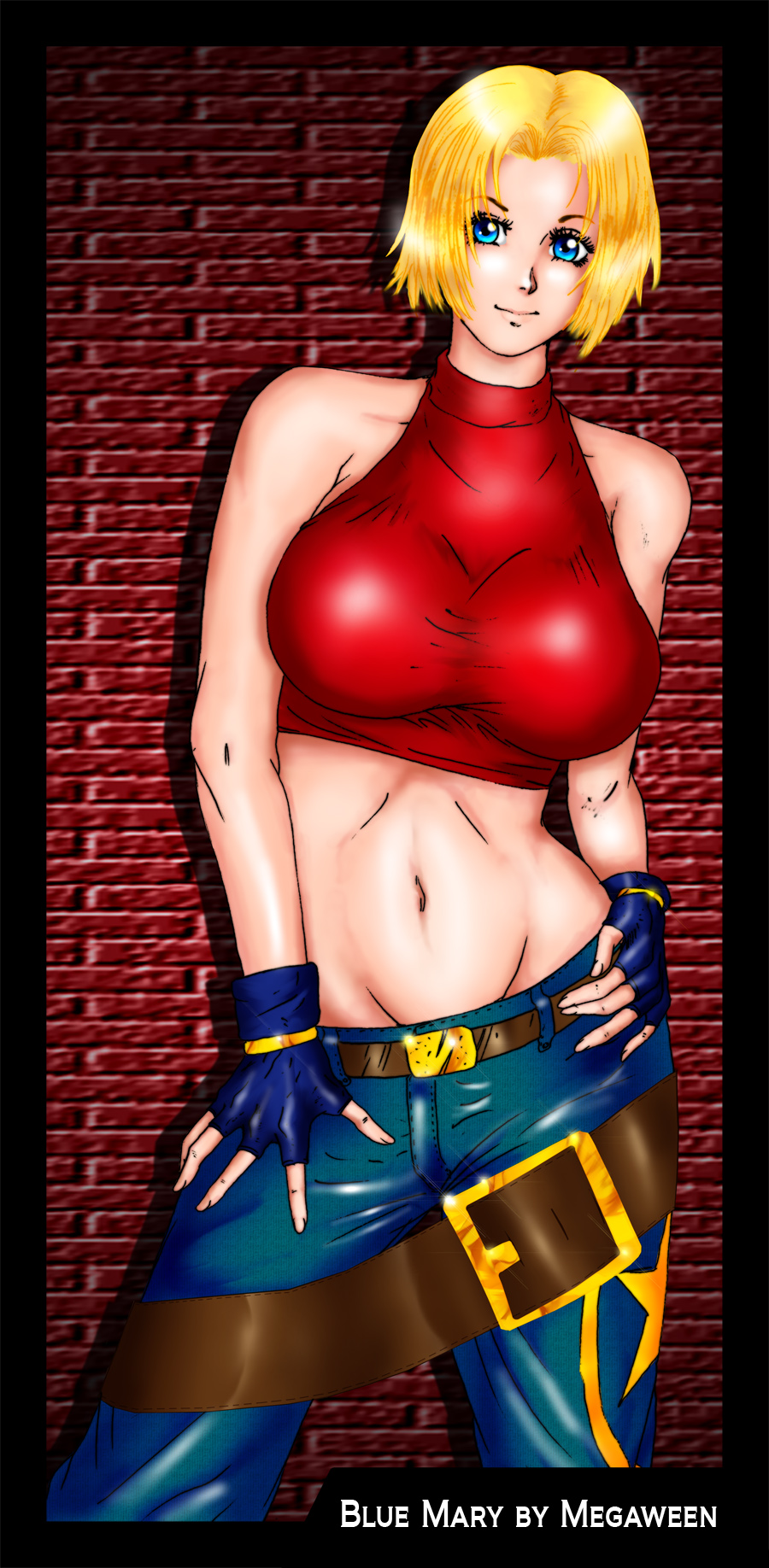 1girls artist_name big_breasts blonde_hair blue_eyes blue_mary breasts busty fatal_fury female female_only fingerless_gloves gloves highres king_of_fighters large_breasts looking_at_viewer midriff navel pants short_hair smile snk solo toned