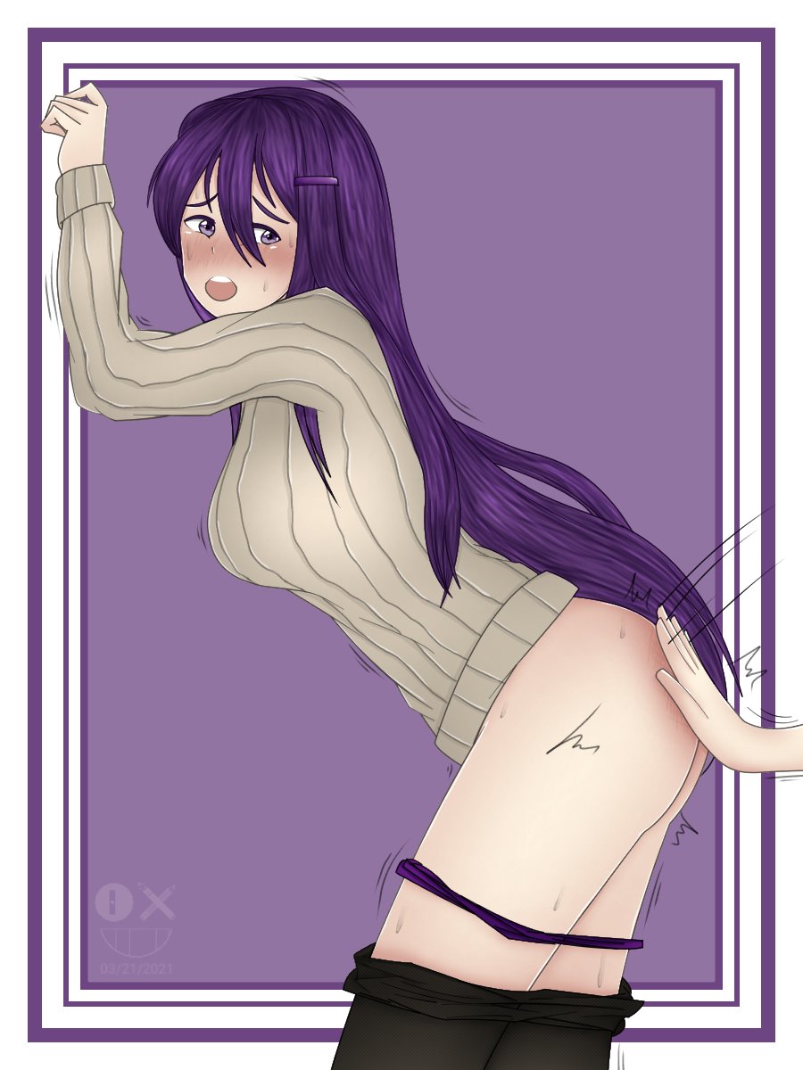 1girls 2021 arms_up black_leggings black_leggings_down blush dated doki_doki_literature_club female flustered genkun gnyrkd leggings leggings_down long_hair looking_back looking_back_at_another open_mouth panties pants_down purple_eyes purple_hair purple_panties purple_panties_down red_ass spanking spanking_ass sweat sweatdrop sweating turtleneck turtleneck_sweater yuri_(doki_doki_literature_club)