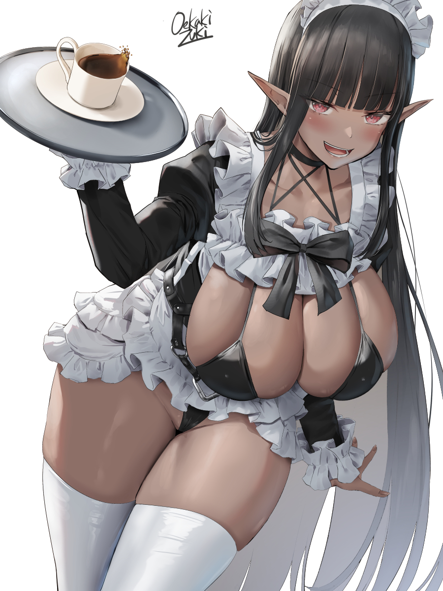 1girls, 2022, alternate breast size, big breasts, black hair, black thong, breasts, bulging breasts, dark skin, dark-skinned female, elf ears, elf female, female, high resolution, long hair, looking at viewer, maid, maid apron, maid headdress, maid outfit, oc, oekakizuki, original, original character, tagme, white thighhighs