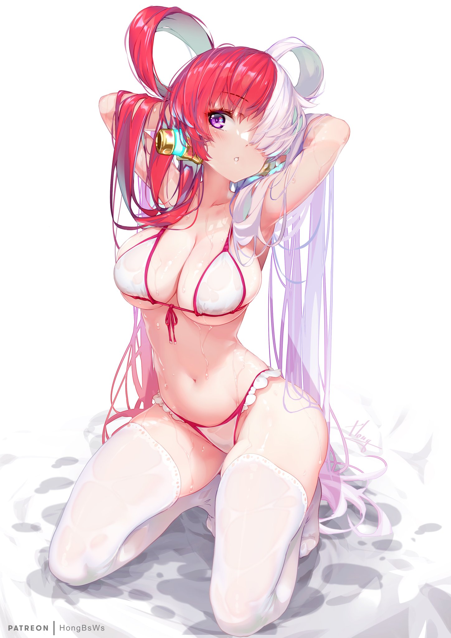 1girls, big breasts, bikini top, breasts, female, female only, hong (white spider), looking at viewer, multicolored hair, one piece, red hair, red-haired female, stockings, tagme, thong, toei animation, two-tone hair, uta (one piece), white hair, white-haired female