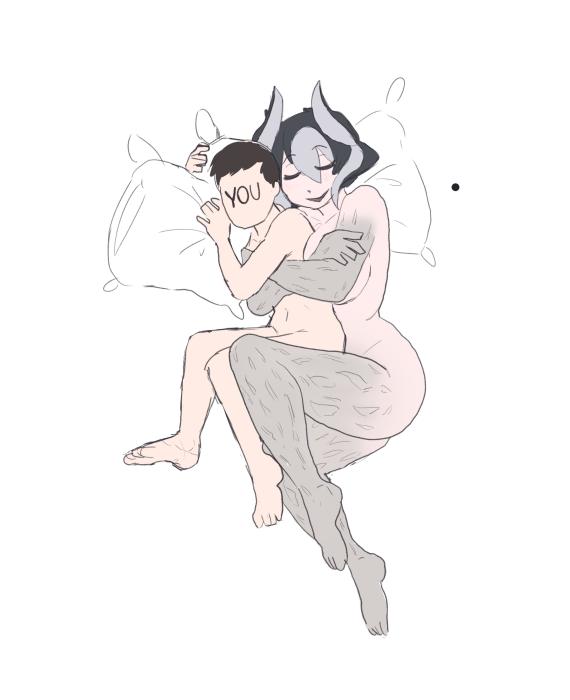 1boy 1girls anon black_and_white_hair body_markings closed_eyes colored_sketch completely_nude doodle embrace female full_body hugging_from_behind japversus larger_female made_in_abyss male nude on_bed on_side ozen size_difference smaller_male smile spooning two_tone_hair wholesome