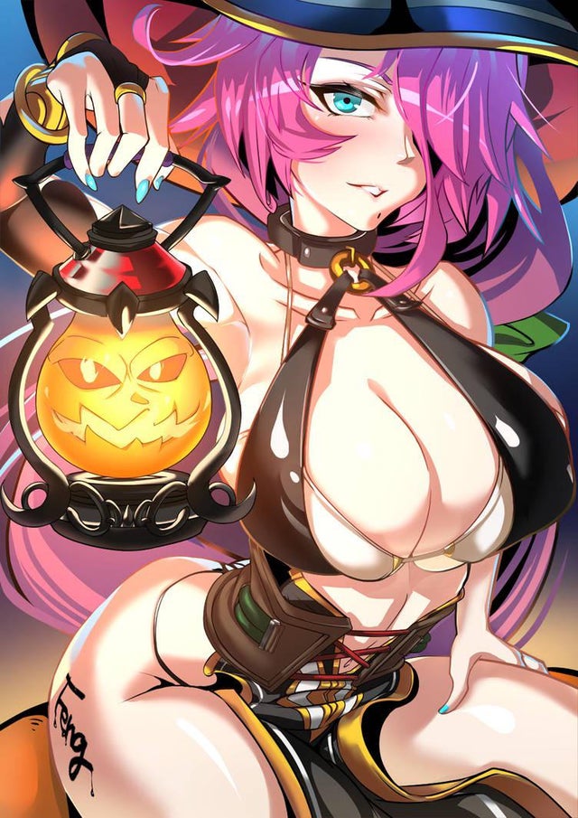 ass candle cleavage curvy epic7 female feng huge_breasts long_hair looking_at_viewer pink_hair serila_(epic7) skimpy_clothes smiling thick_thighs thong video_games witch witch_hat