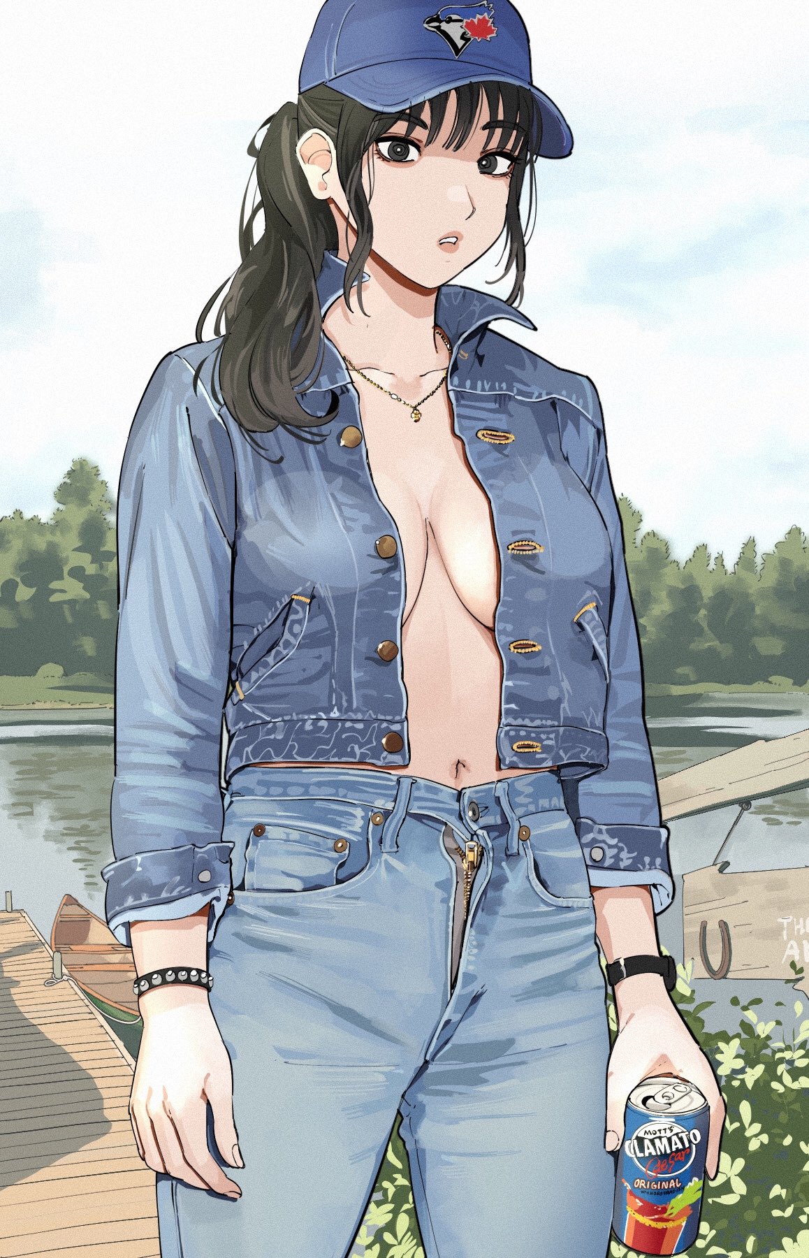 1girls baseball_cap black_hair bracelet breasts can canada canadian cleavage dock female giganticbuddha hat inner_sideboob national_personification necklace no_bra river toronto toronto_blue_jays unbuttoned unbuttoned_shirt watch zipper