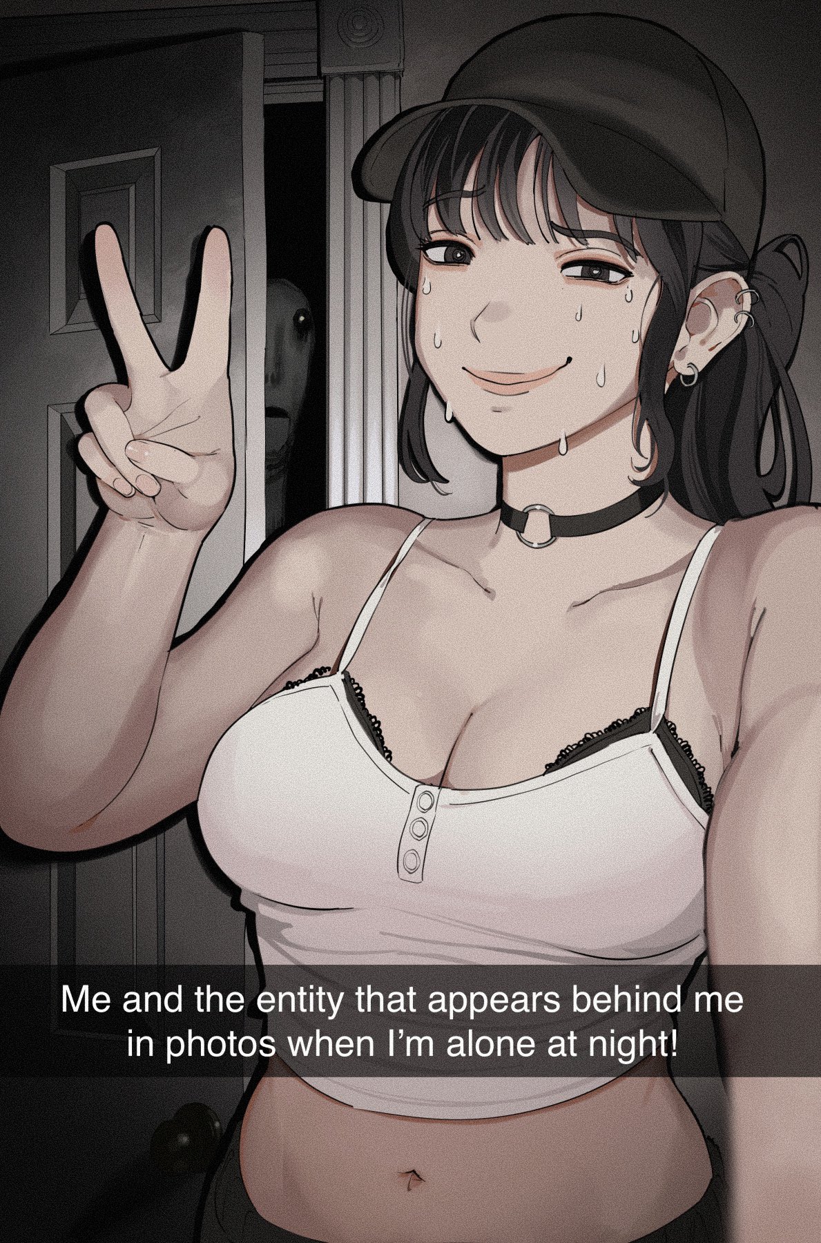 1girls, baseball cap, big breasts, bra, bra peek, breasts, busty, choker, cleavage, crop top, ear piercing, earrings, english text, female, giganticbuddha, hat, horror (theme), large breasts, looking at viewer, midriff, navel, nervous, nervous smile, selfie, smile, snapchat, sweat, text, v, white shirt