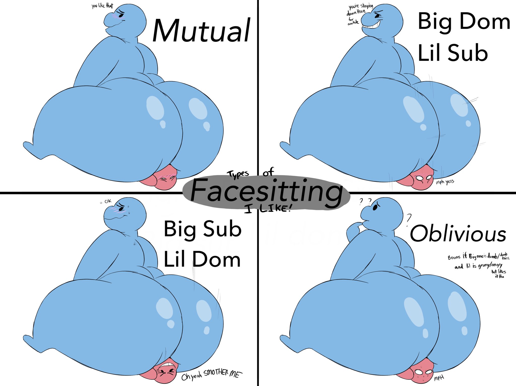 ass, big ass, blue skin, bubble ass, bubble butt, dialogue, facesitting, huge ass, megacoolbear (artist), panels, red skin, tagme