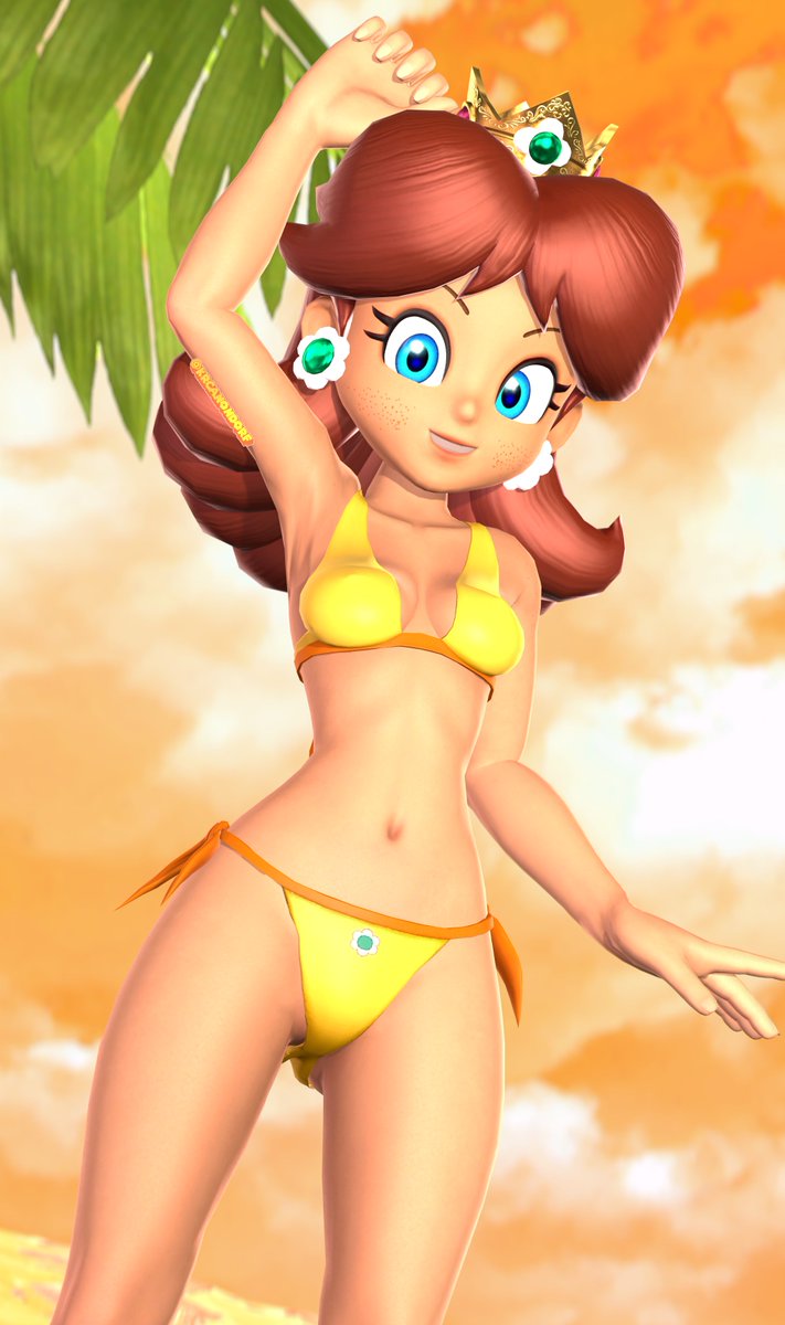 1girls 3d afterhoursdaisy alternate_version_available arm_above_head armpits artist_name bikini blue_eyes breasts brown_hair cleavage female female_only freckles highres legs looking_at_viewer mario_(series) medium_breasts navel nintendo pose princess princess_daisy short_hair smile swimsuit thighs yellow_bikini