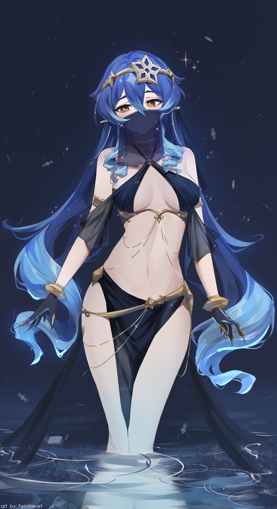 1girls, arabian clothes, belly dancer, belly dancer outfit, blue hair, breasts, drill hair, elf, feintheart721, female, fully clothed, genshin impact, harem outfit, hi res, layla (genshin impact), loincloth, mask, medium breasts, middle eastern, middle eastern clothing, middle eastern female, pelvic curtain, pointy ears, twin drills, veil, yellow eyes