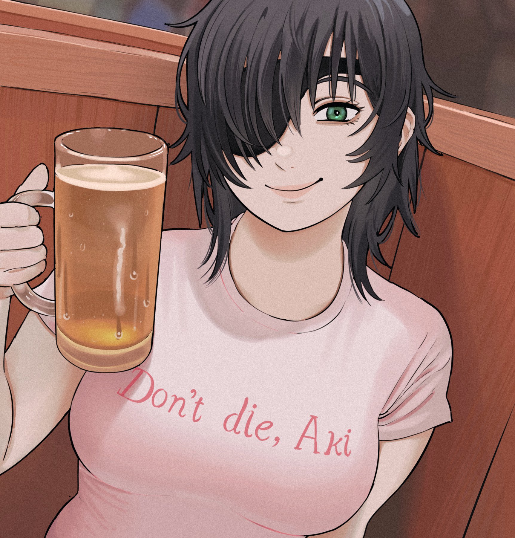 1girls, 2022, 2d, 2d (artwork), alcohol, beer, black hair, chainsaw man, clothed, clothes writing, clothing, cup, eyepatch, female, female only, giganticbuddha, green eyes, himeno (chainsaw man), looking at viewer, medium hair, questionable, sfw, short hair, smile, smiling at viewer, solo, solo female, t-shirt, upper body