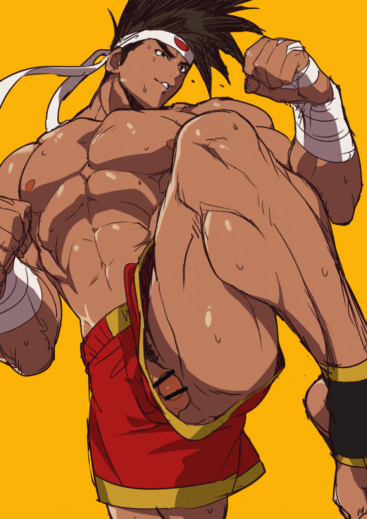 1boy 1male ass_peek balls balls_peek balls_through_leghole bandage bandaged_arm bandaged_hand bandages bara bara_tits black_eyebrows black_eyes black_pubic_hair brown_hair brown_hair_male dark-skinned_male dark_brown_hair dark_skin fatal_fury fighting_pose fighting_stance freeballing gege headband joe_higashi king_of_fighters male male_focus male_nipples male_only male_tits muay_thai muscular muscular_arms muscular_chest muscular_legs muscular_male nipples no_boxers no_briefs no_underwear penis penis_peek penis_through_leghole penis_visible_through_clothing penis_visible_through_pants pubic_hair pubic_hair_peek red_shorts shorts snk solo solo_focus solo_male spiked_hair sweat sweaty sweaty_arms sweaty_body sweaty_breasts sweaty_chest sweaty_legs tagme tingenamo upshorts white_headband yellow_background