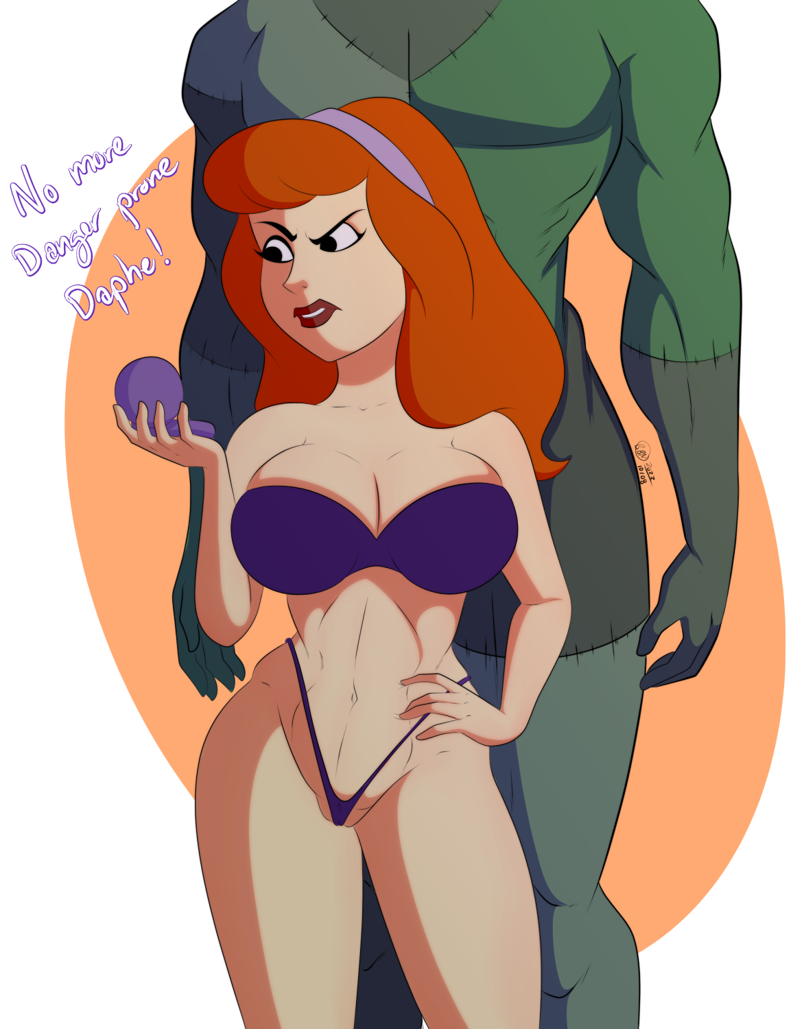 1girls, bikini, bunbunmuffinart, daphne blake, english text, female, female focus, hanna-barbera, highleg bikini, light skin, light-skinned female, long hair, male, micro bikini, monster, orange hair, scooby-doo, unseen male face