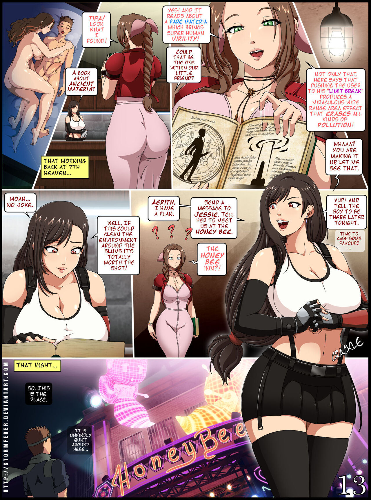 3girls, aerith gainsborough, big breasts, breasts, female, female focus, final fantasy, final fantasy vii, male, male/female, mature, mature female, naked, naked female, naked male, older female, page 13, sleeping, sleeping nude, sleeping together, stormfeder, tifa lockhart, younger male