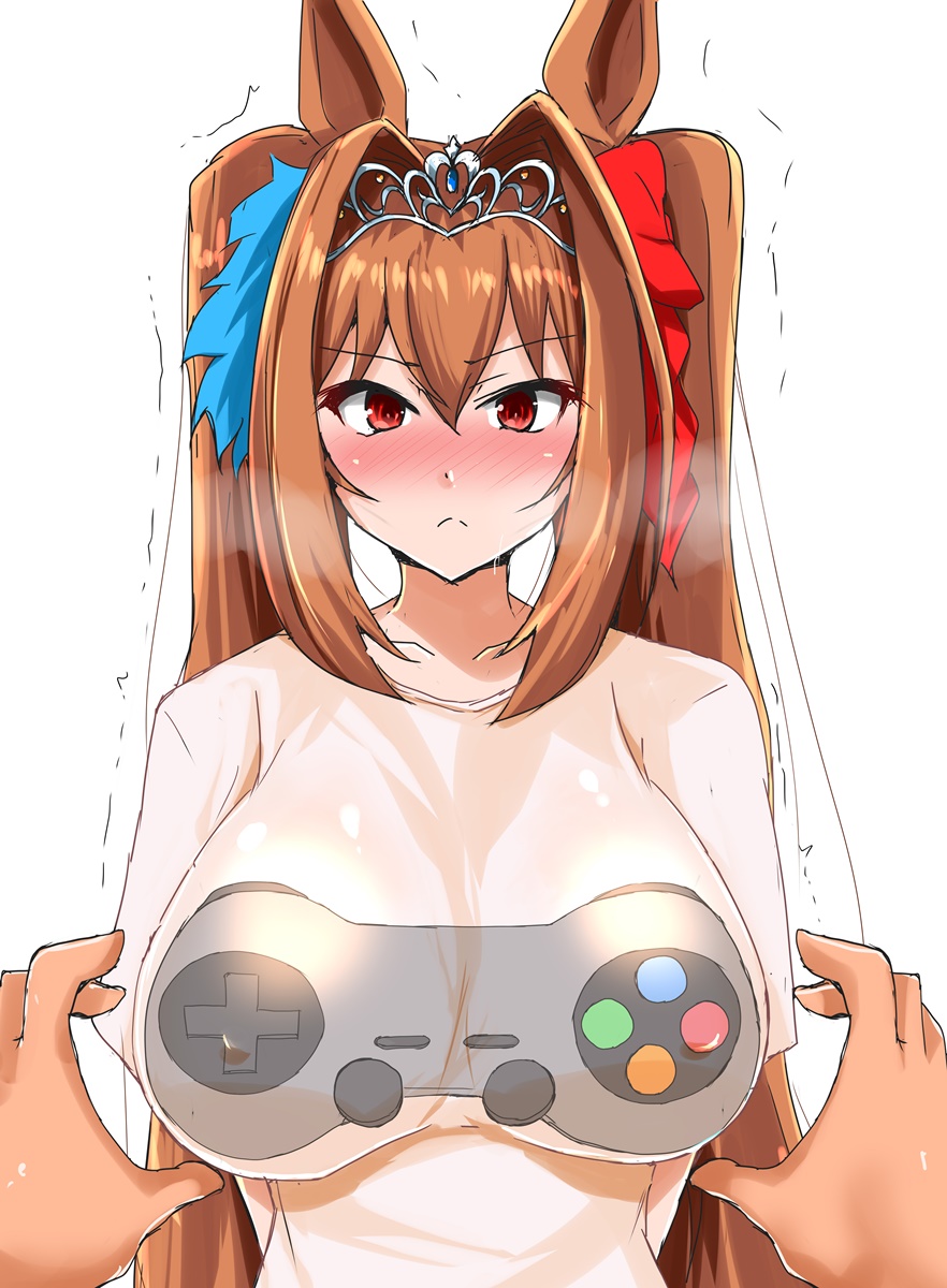 1girls animal_ears big_breasts brown_hair bulging_breasts daiwa_scarlet_(umamusume) female female_only gaming_controller jiseki looking_at_viewer looking_back solo twintails umamusume