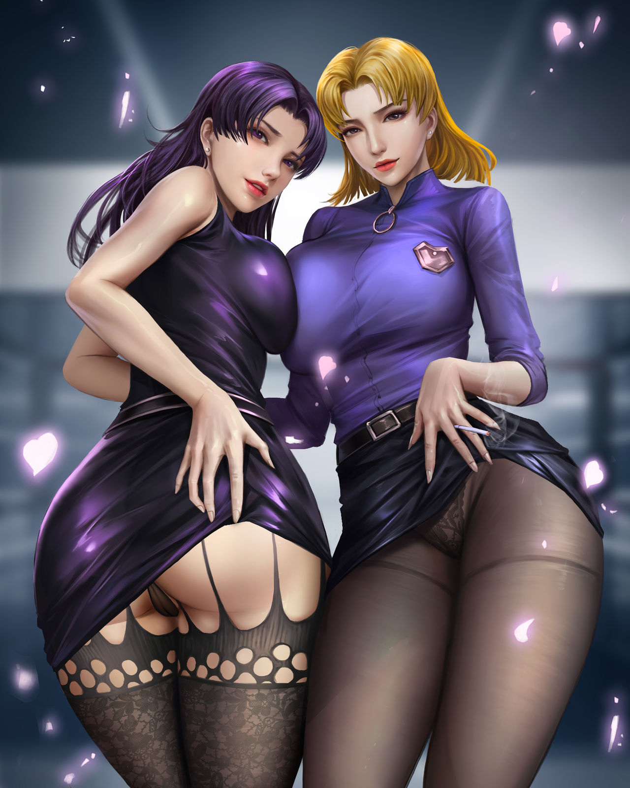 2girls big_breasts breasts female female_only goatwillow misato_katsuragi multiple_girls neon_genesis_evangelion ritsuko_akagi solo tagme