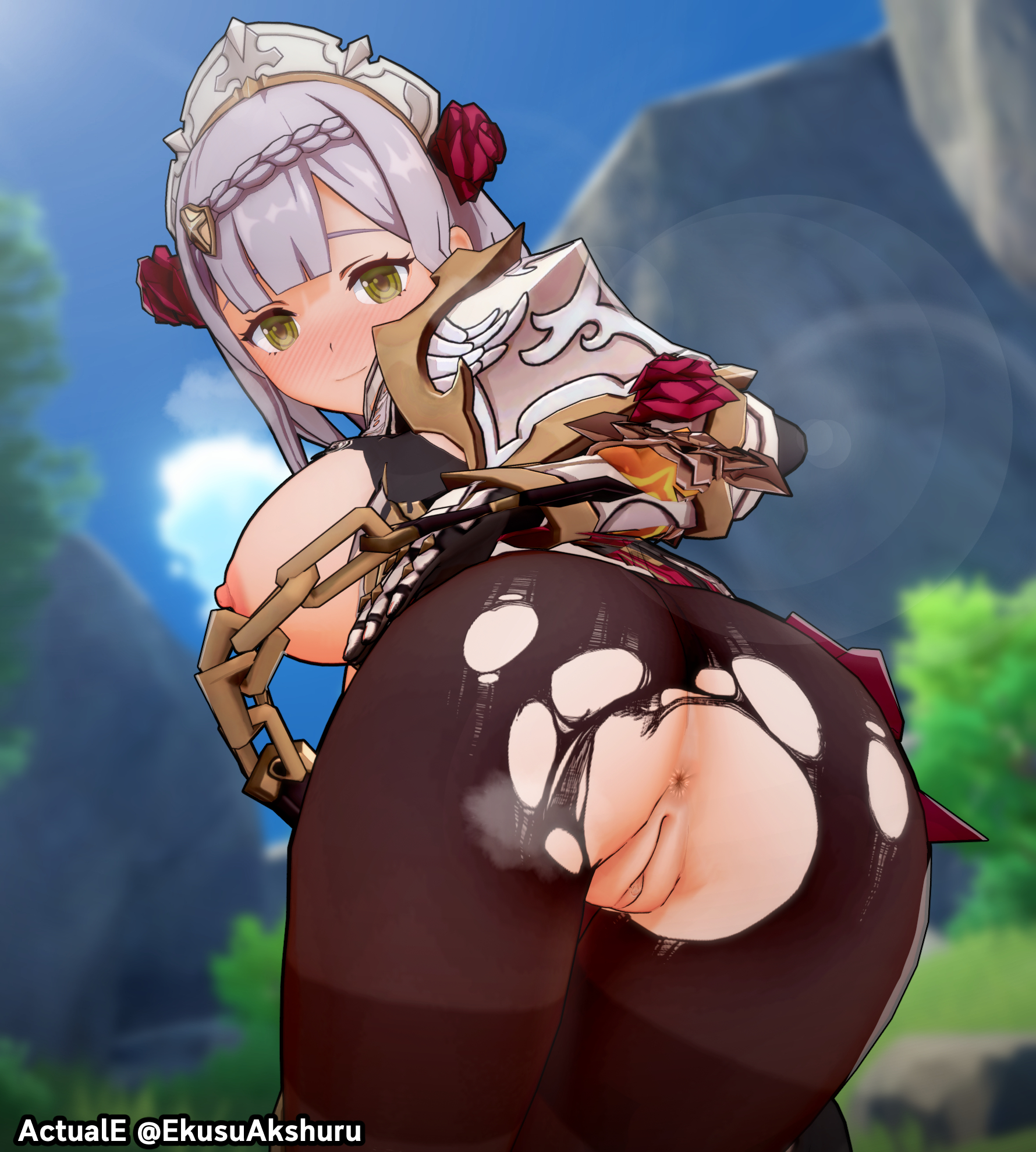 1girls, actuale, anus, ass, big ass, big breasts, blush, breasts, female, female only, genshin impact, huge breasts, koikatsu, large breasts, looking back, looking back at viewer, nipples, noelle (genshin impact), pov, pussy, solo, solo female, thick thighs, thighs, torn pantyhose, uncensored, white hair