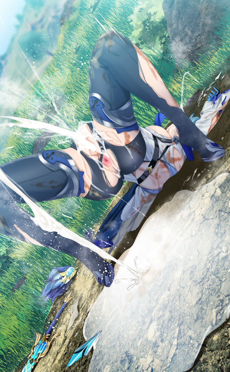 after rape, after sex, after vaginal, anus, arched back, ass, blue hair, boots, breasts, broken weapon, cum, cum drip, cum in pussy, cum inside, cum on ground, cum pool, cum puddle, defeated, eula (genshin impact), female, female ejaculation, female only, female orgasm, fumihiko (pixiv2658856), genshin impact, gloves, grass, head back, high heels, leotard, long sleeves, masturbation, medium breasts, on back, on ground, orgasm, outdoors, pussy, ripped clothing, solo, solo female, spread legs, squirting, sword, thighhighs, torn clothes