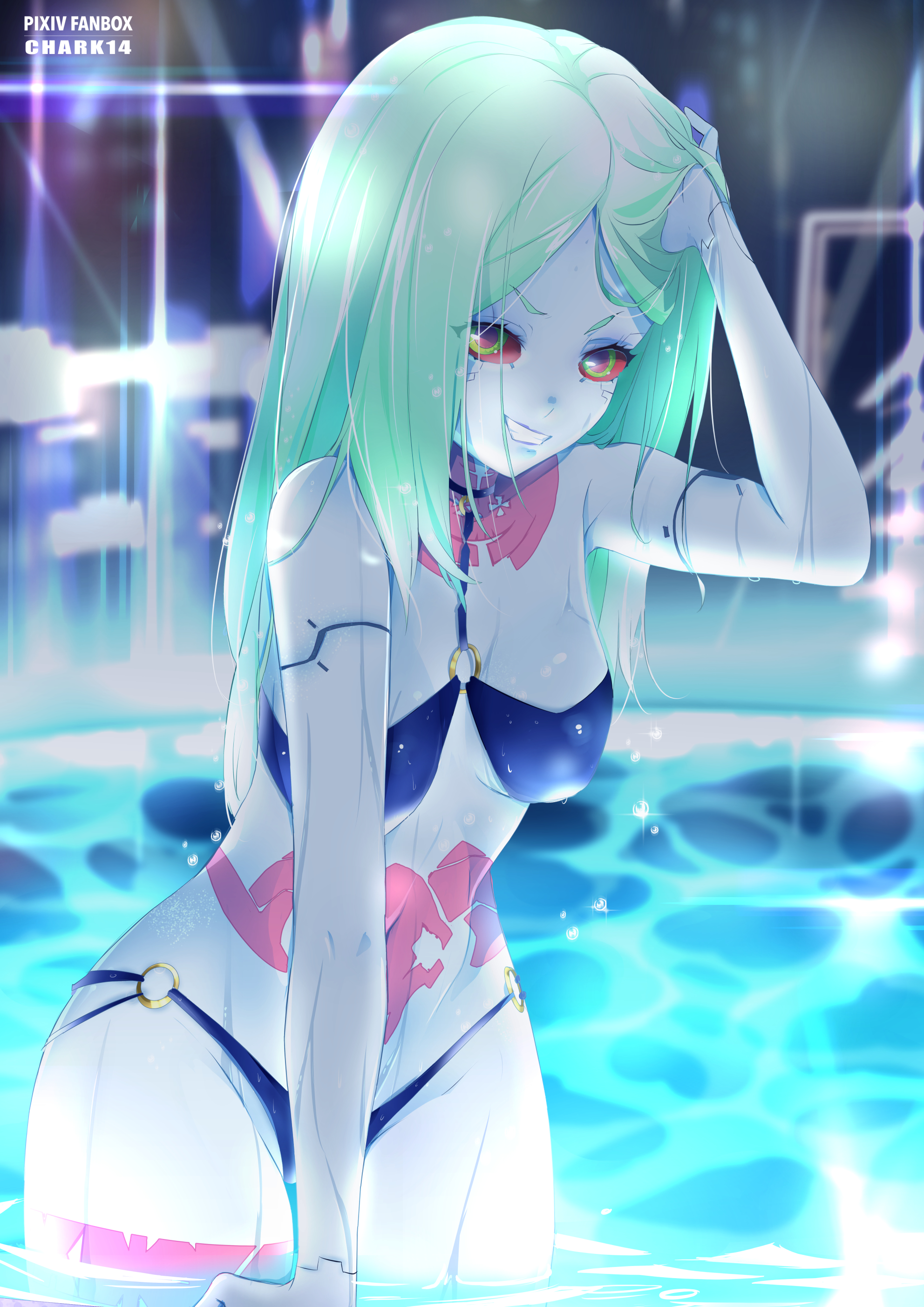 1girls, arms, arms up, bikini, cd projekt red, chark14, cyberpunk 2077, cyberpunk: edgerunners, female, female only, light skin, light-skinned female, navel, netflix, panties, rebecca (edgerunners), small nose, studio trigger, thin eyebrows, underwear, very small nose, wet