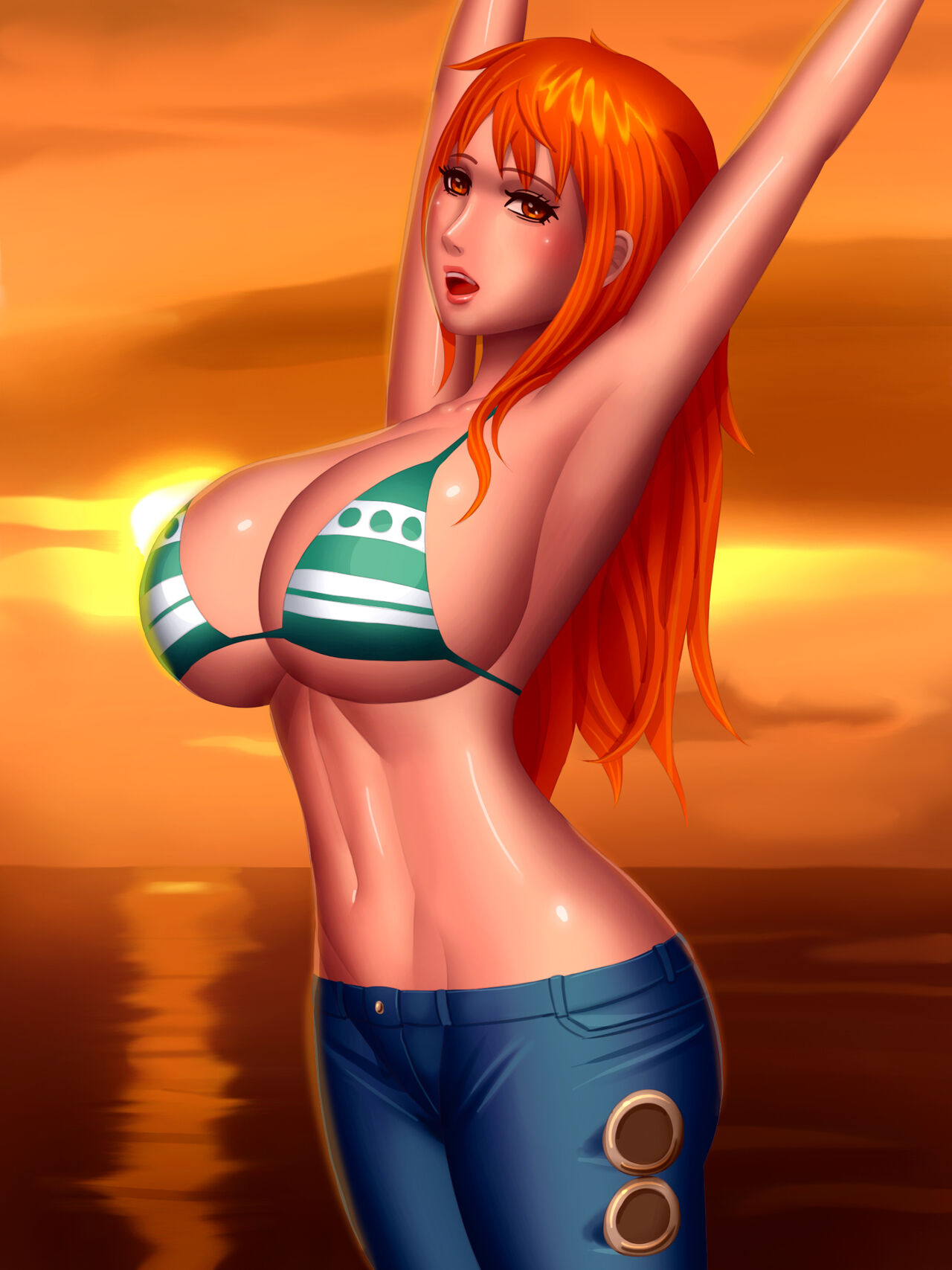 1girls big_breasts bikini bikini_top black_hair breasts cleavage female female_only jeans long_hair nami one_piece orange_hair post-timeskip solo striped_bikini svoidist