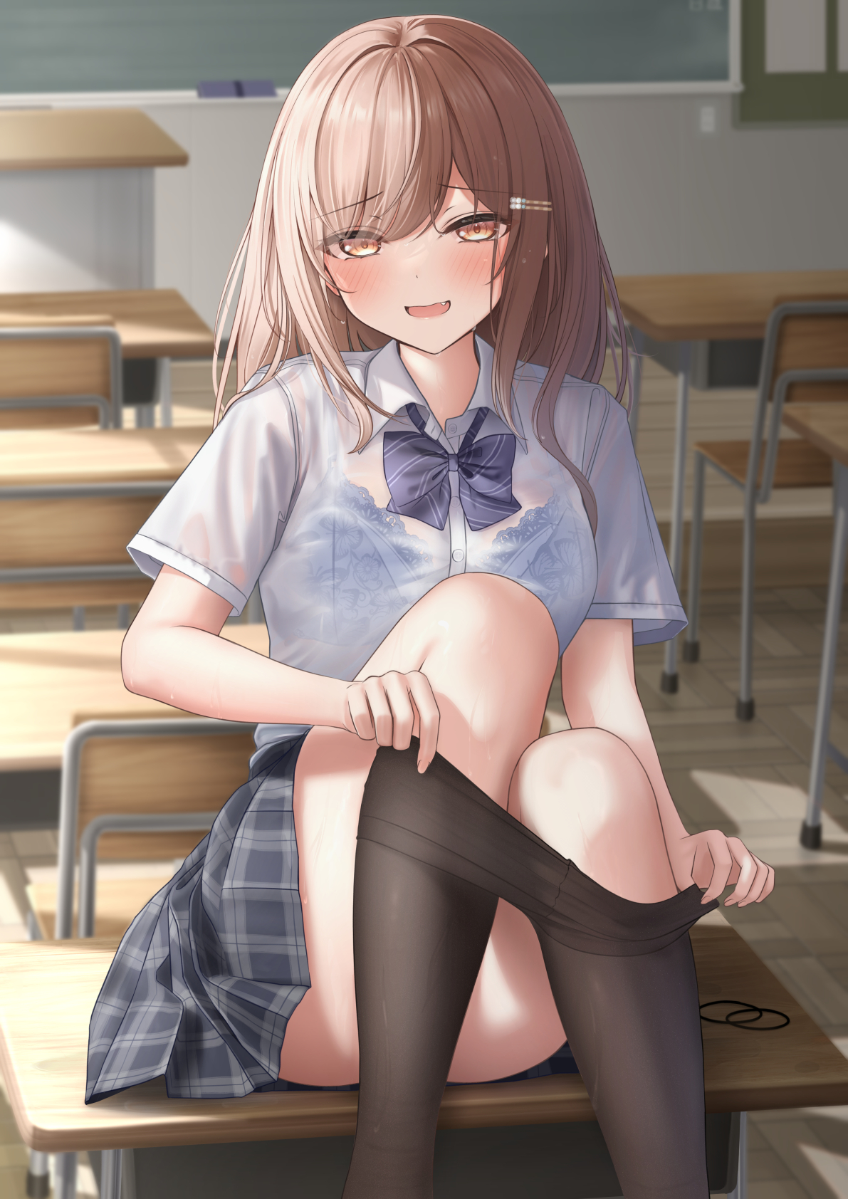 amber eyes, bangs, black skirt, blue bow, blue bowtie, blue bra, blush, bow, bowtie, bra, bra visible through clothes, breasts, brown eyes, brown hair, classroom, clothes pull, collared shirt, commentary request, desk, female, female only, hair ornament, hairclip, highres, imouto-chan (monaka curl), indoors, large breasts, long hair, looking at viewer, monaka curl, on desk, original, pantyhose, pantyhose pull, parted lips, school uniform, shirt, short sleeves, sitting, sitting on desk, skirt, smile, solo, teeth, thighs, underwear, wet, wet clothes, white shirt