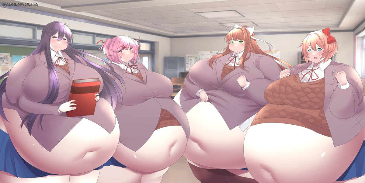 bbw, doki doki literature club, fat, fat female, female, female only, huge belly, monika (doki doki literature club), natsuki (doki doki literature club), overweight, overweight female, sayori (doki doki literature club), ssbbw, tagme, weight gain, yuri (doki doki literature club)