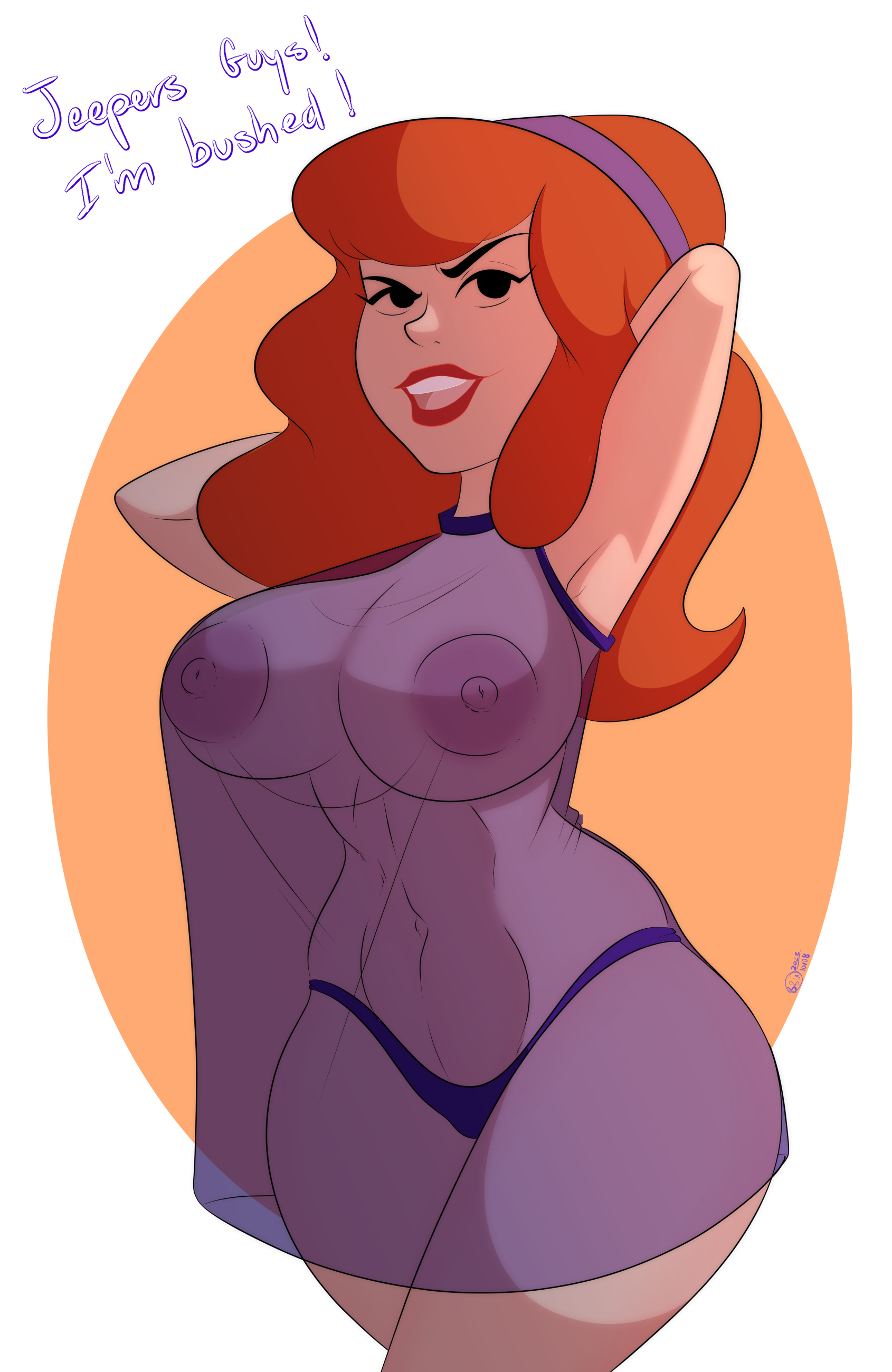 1girls, armpits, arms up, big breasts, breasts, breasts visible through clothing, bunbunmuffinart, daphne blake, female, female focus, female only, hanna-barbera, light skin, light-skinned female, long hair, nightgown, nipples, nipples visible through clothing, orange hair, panties, scooby-doo, translucent clothing