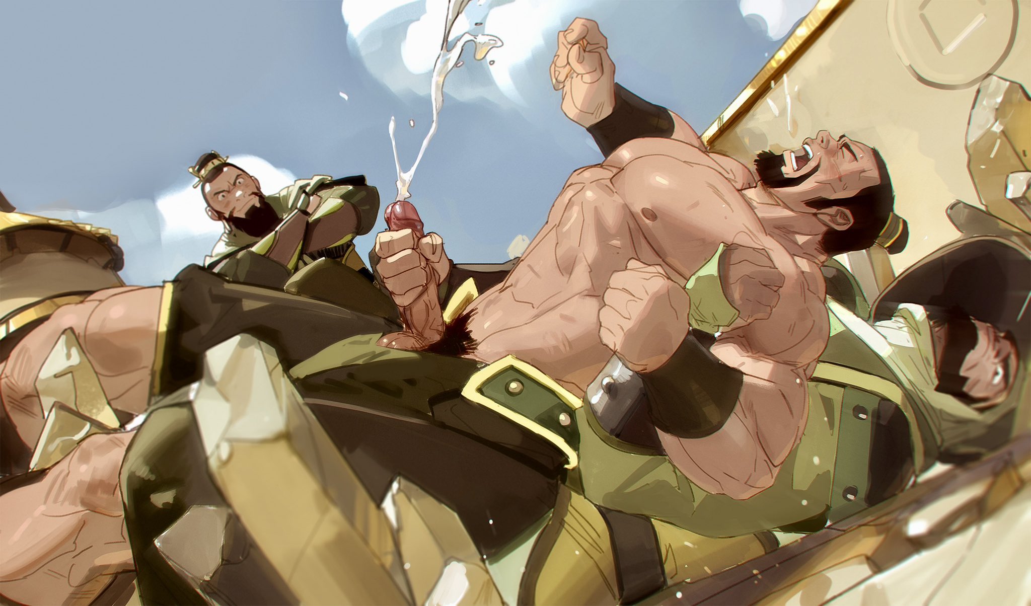 3boys, avatar legends, avatar the last airbender, bara, clothing, cum, cumming, earth kingdom, ejaculation, gay, general fong, handjob, male, male only, male rape victim, multiple boys, multiple males, muscular, muscular male, orgasm, penis, police, pubic hair, reach around, the boulder, tooboshoo, yaoi