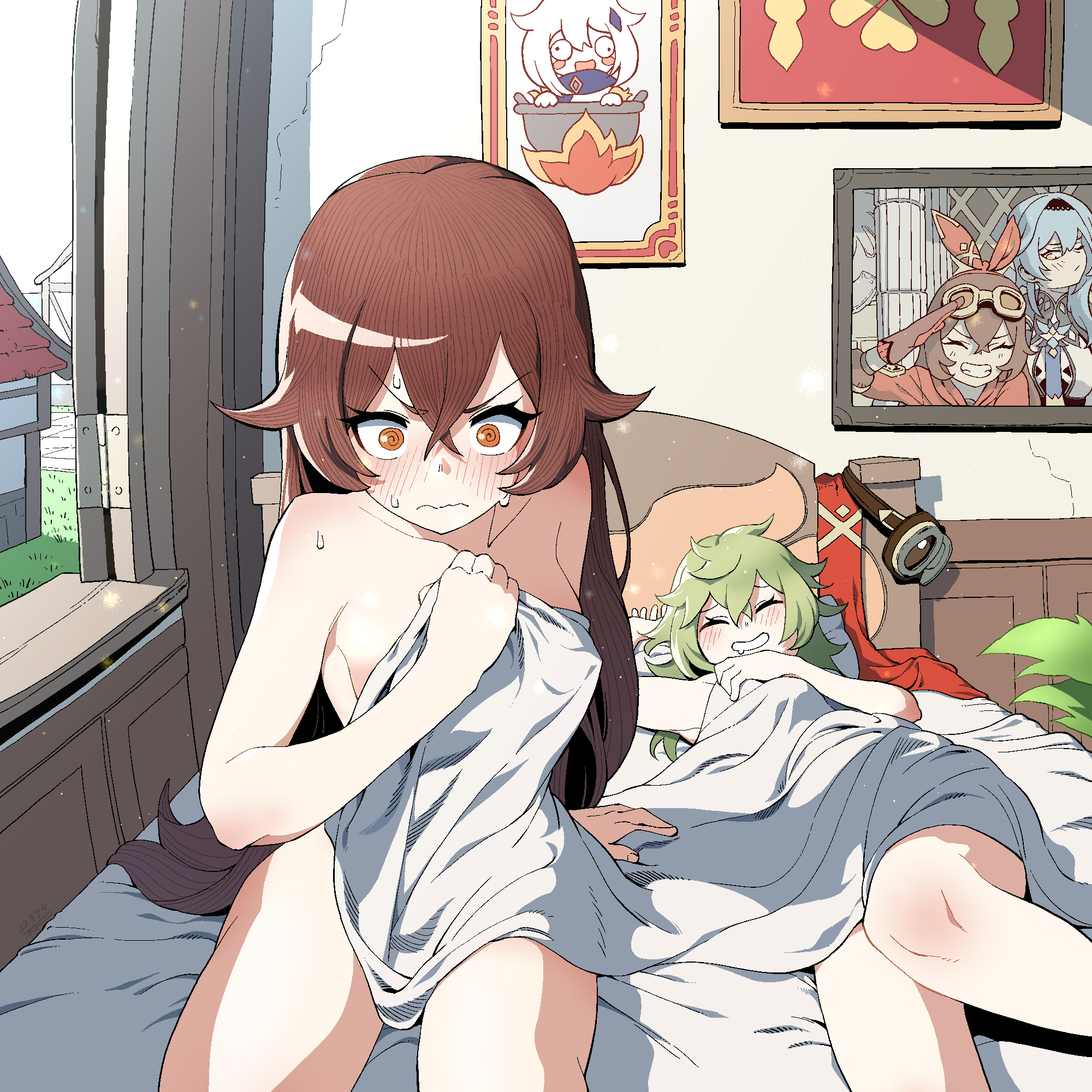 2girls, after sex, amber (genshin impact), bed, bed sheet, bedroom, blush, brown hair, cheating, closed eyes, collei (genshin impact), eula (genshin impact), female, female only, genshin impact, green hair, happy, happy sex, highres, implied sex, johnlim, lesbian focus, morning, netorare, nude, on bed, paimon (genshin impact), smile, sweat, yuri