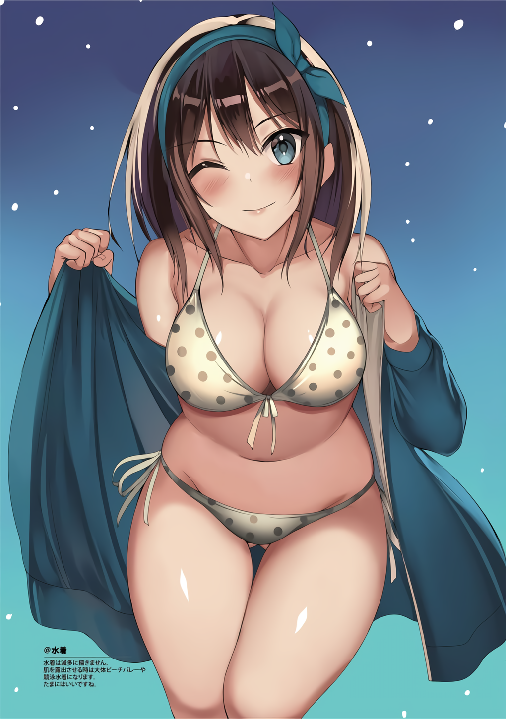 blue_eyes blush bra breasts brown_hair collarbone headband kureha_(ironika) one_eye_closed open_shirt panties polka_dot_bra polka_dot_panties simple_background smile thighs tsubasa_(kureha)