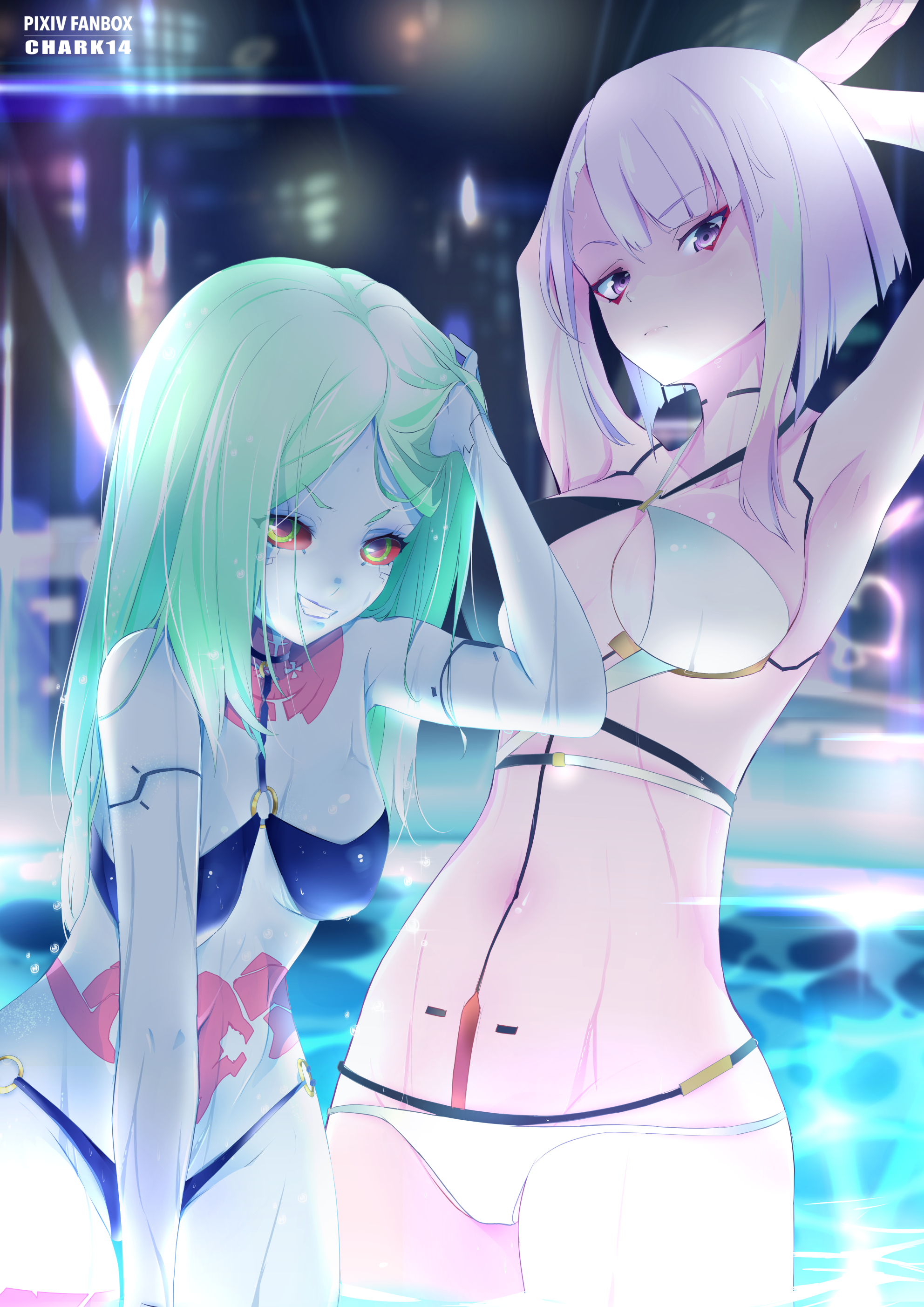 2girls, arms, arms up, bikini, black bra, black panties, bra, breasts, breasts apart, cd projekt red, chark14, cyberpunk 2077, cyberpunk: edgerunners, female, female only, green eyebrows, green eyes, green hair, hand on hair, hand up, hands on hair, light skin, light-skinned female, long hair, looking at viewer, lucyna kushinada, multiple females, multiple girls, navel, netflix, panties, pink pupils, pool, rebecca (edgerunners), red sclera, revealing clothes, robot girl, small nose, studio trigger, thin eyebrows, underwear, very small nose, wet, wet body, wet hair, white panties