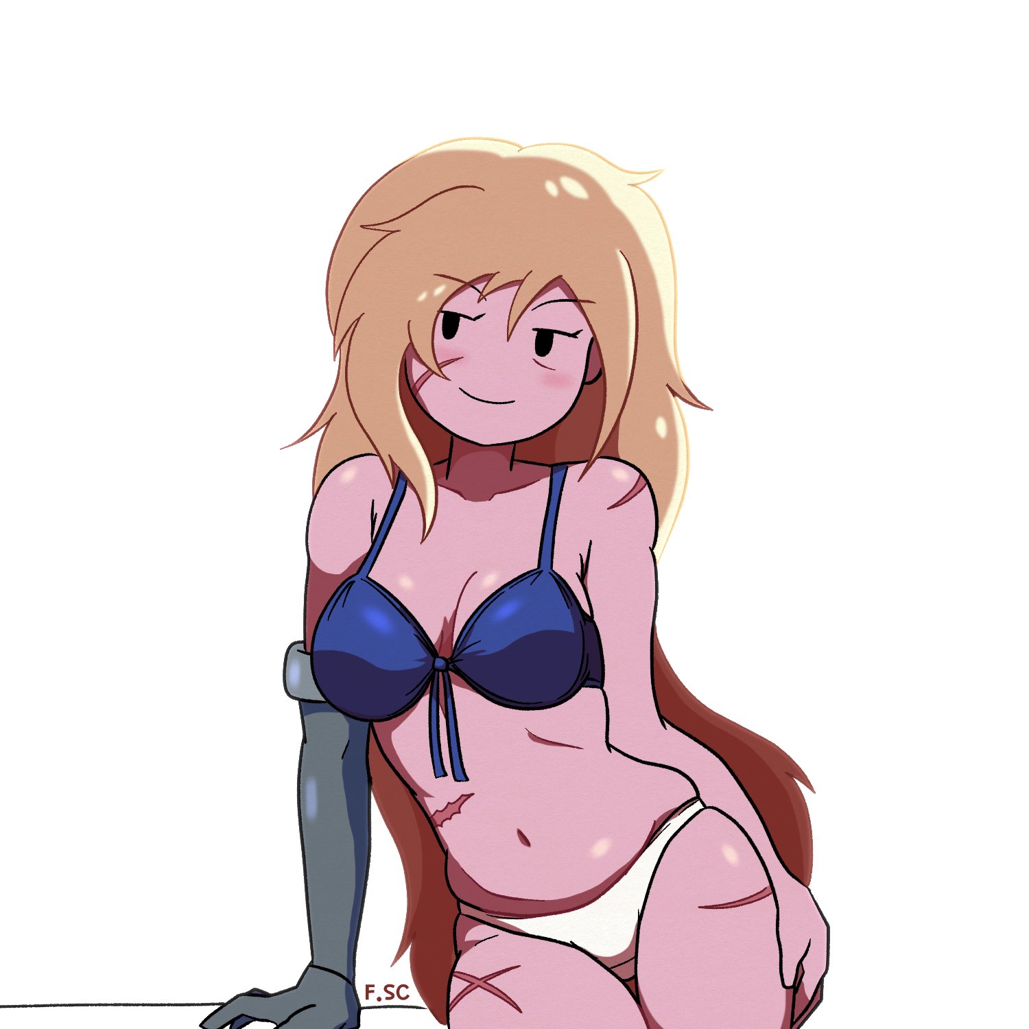 2022, adventure time, black eyes, blonde hair, blush, breasts, cartoon network, cleavage, clothing, cybernetics, female, female only, fionna the human girl, fizzyspidercider, human, looking at viewer, pale skin, prosthesis, scar, scars, swimsuit, thick thighs, thighs